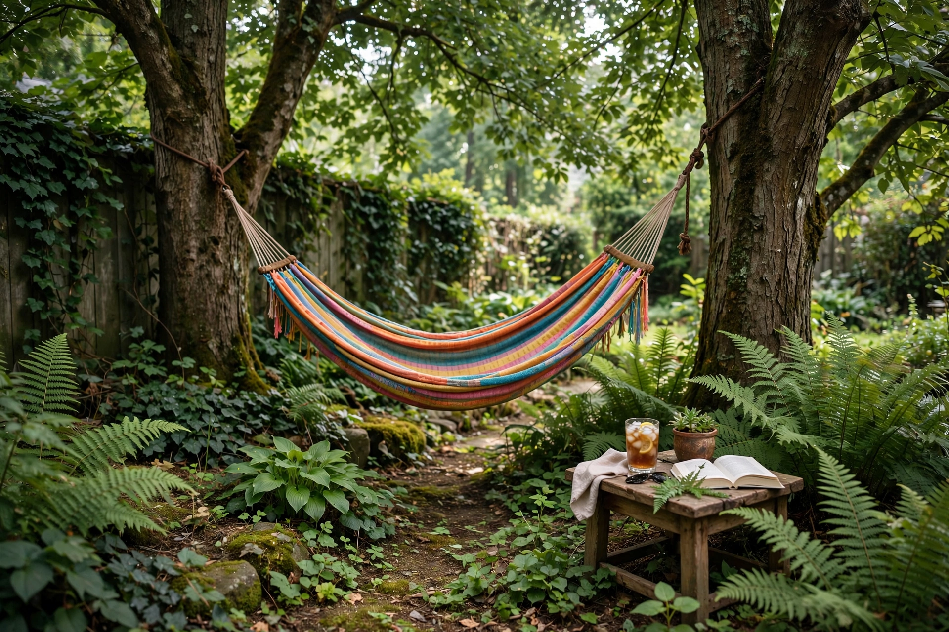A colorful hammock strung between two mature trees in a shady backyard corner with ferns and a small side table