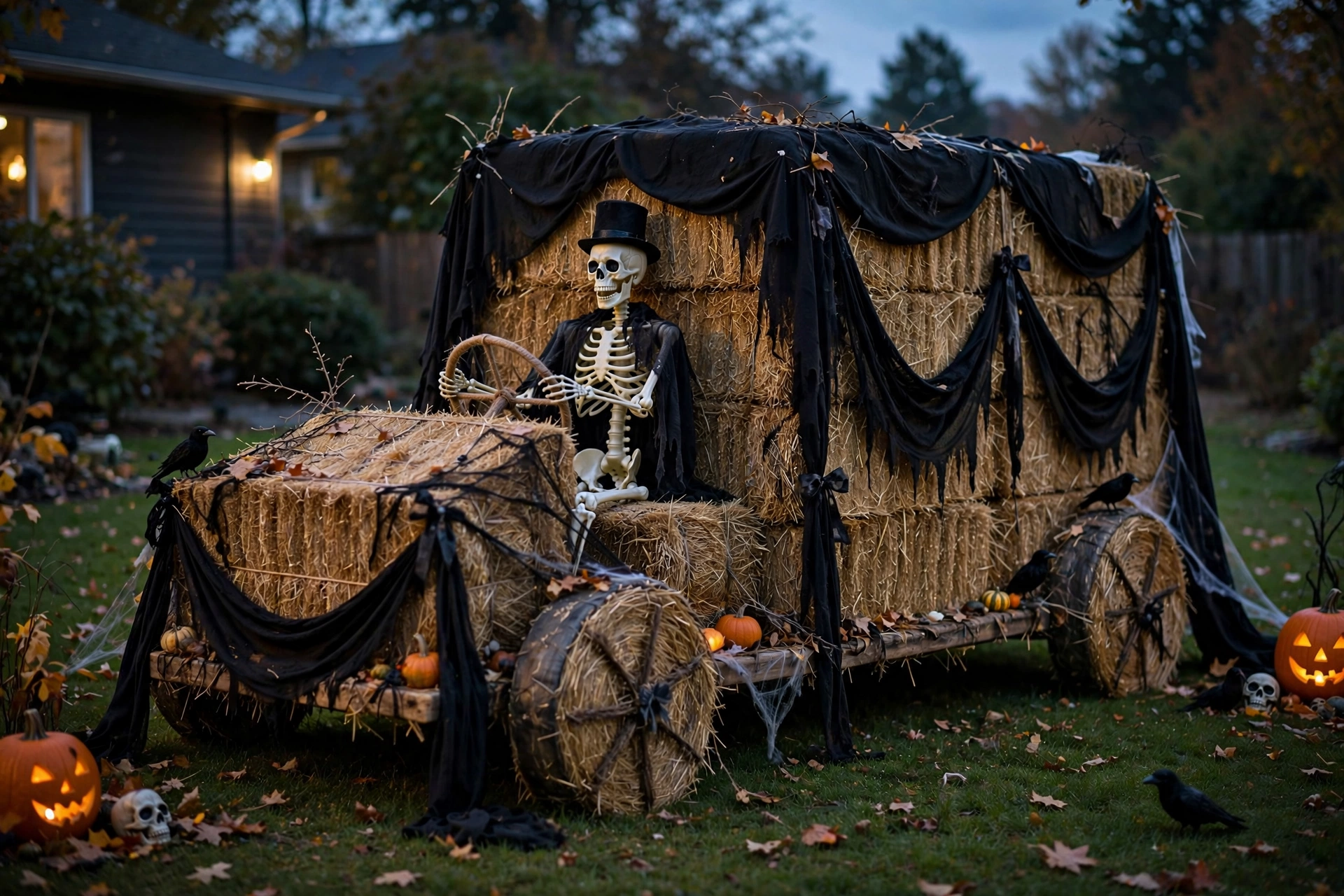 Hay-bale hearse stacked on a lawn with a plastic skeleton driver and black fabric drapery.