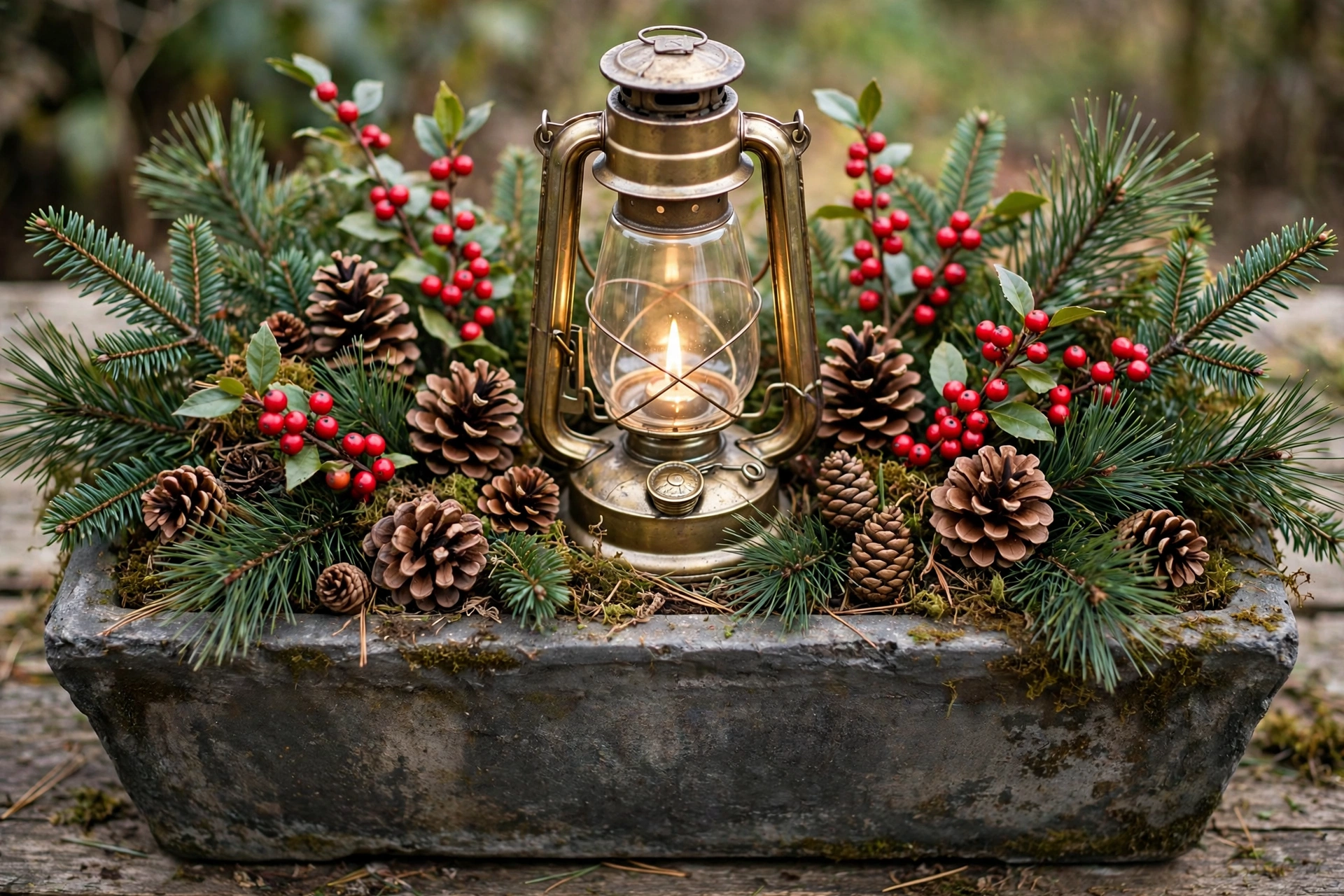 Wide planter with a hurricane lantern surrounded by fir, berries and pinecones.