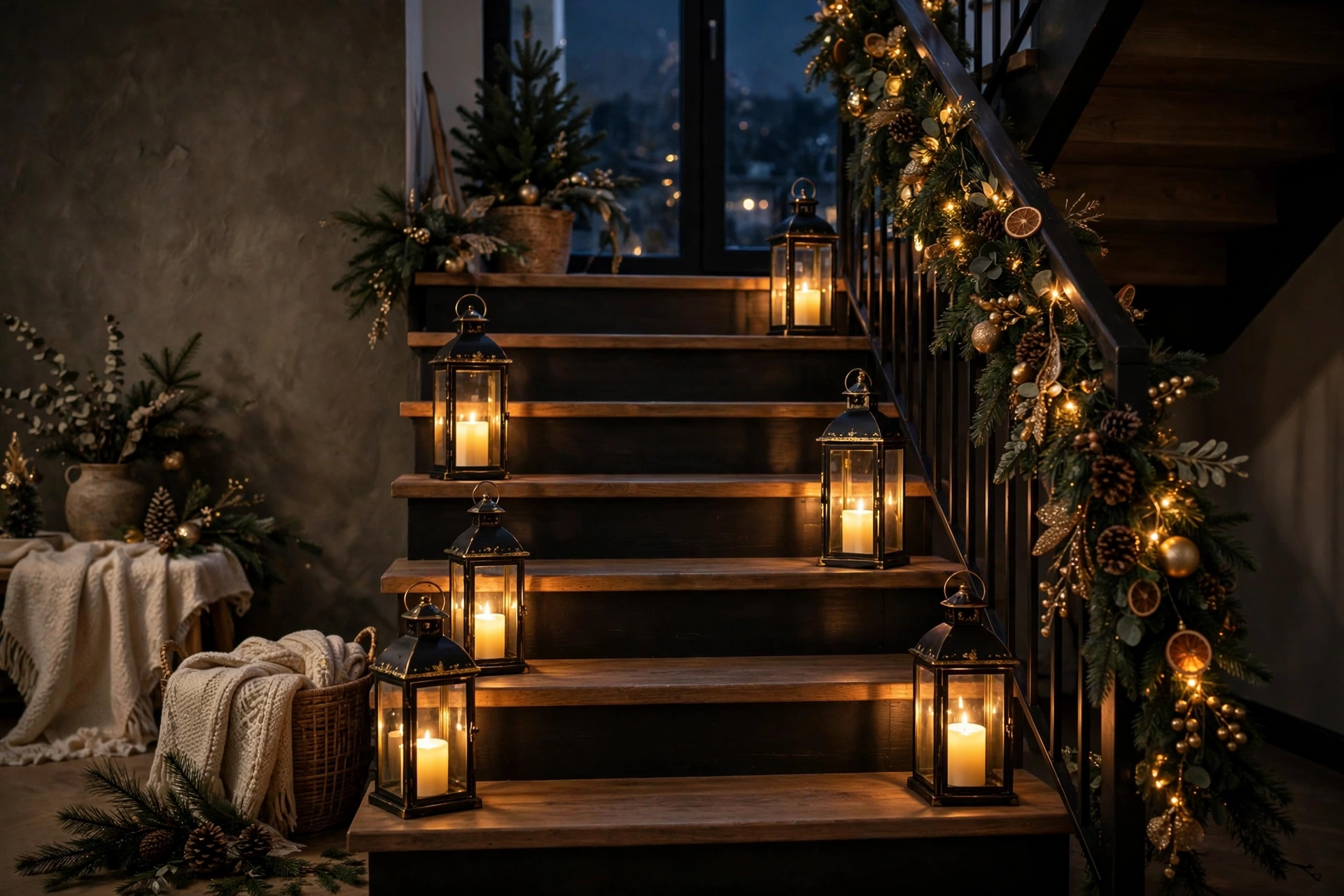 Staircase steps decorated with glowing lanterns and flameless candles in the evening.