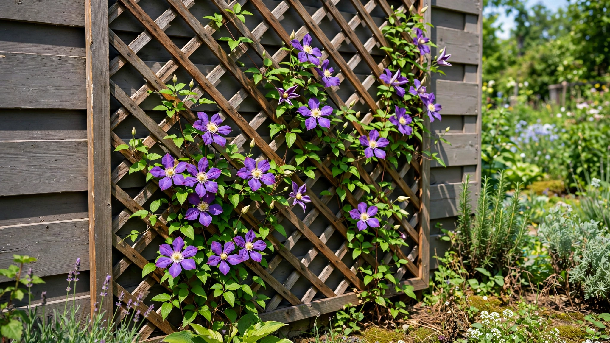 Flowering clematis vines climbing a lattice panel attached to a garden fence.
