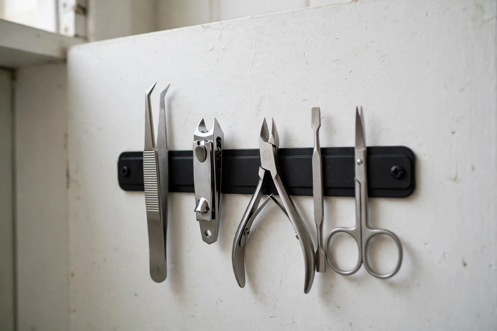 A magnetic strip mounted inside a bathroom medicine cabinet door holding tweezers, nail clippers, and small metal grooming tools, realistic close-up photo, no text