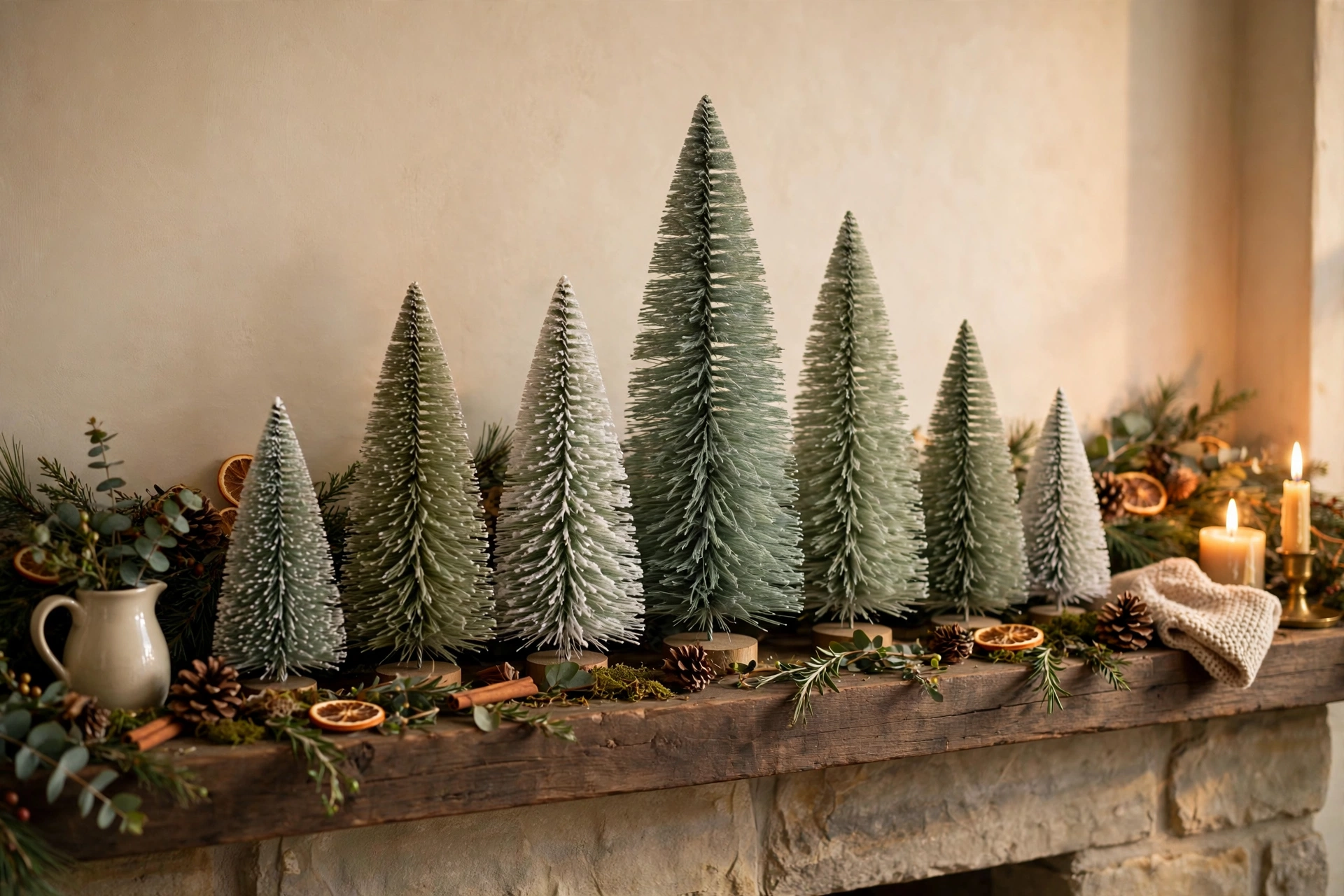 Collection of small bottle-brush Christmas trees in varying heights lined along a mantel.