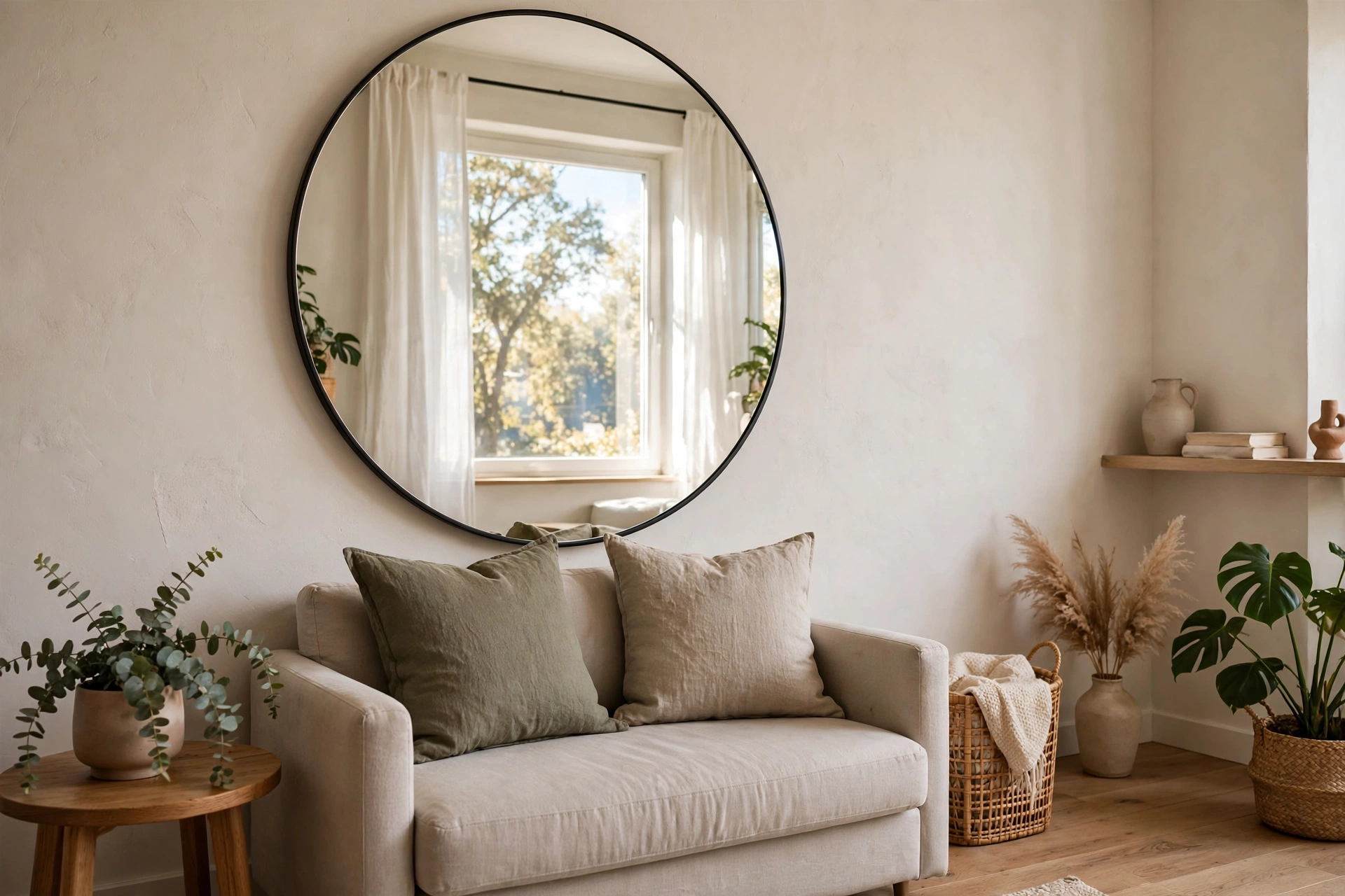 A studio apartment living area with a large round mirror on the wall reflecting a bright window