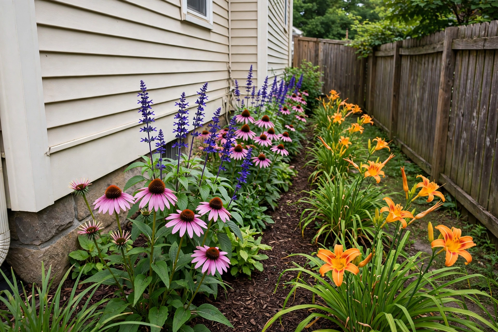 Narrow colorful perennial flower border with echinacea, salvia and daylilies along a house foundation in a side yard.