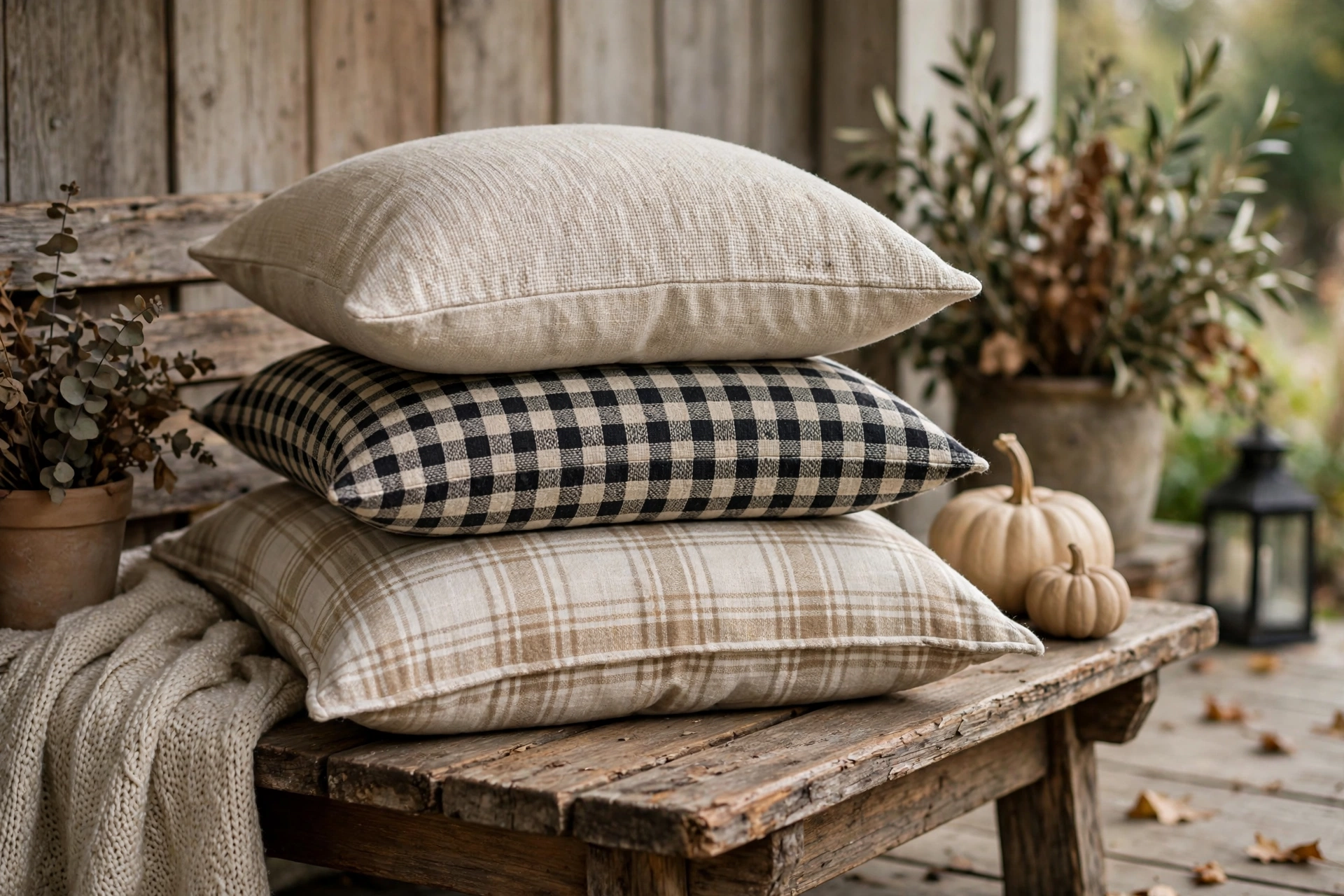 Stack of oatmeal plaid and check pillows on a wooden porch bench.