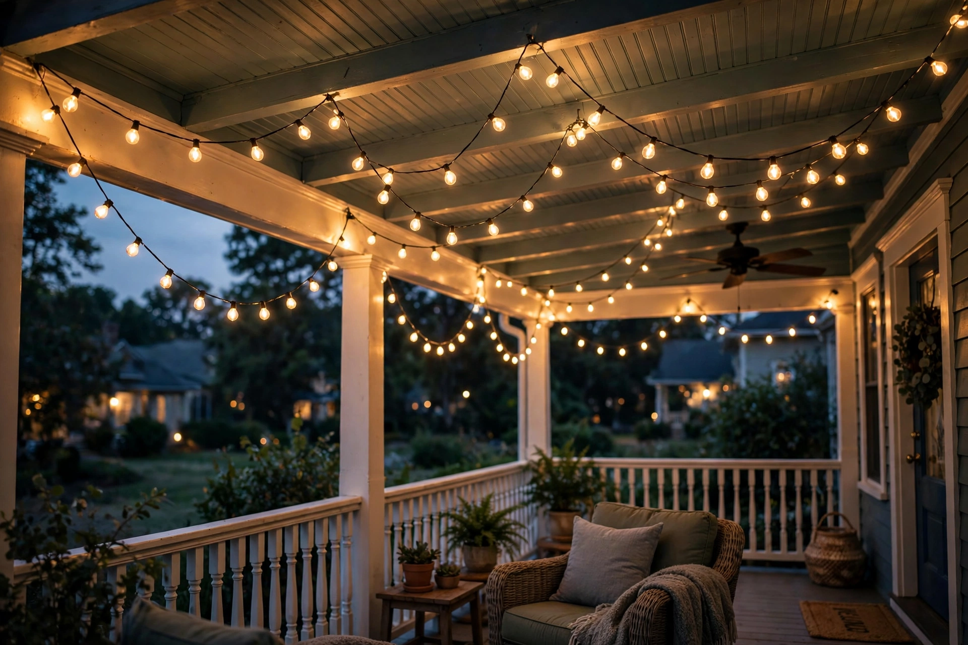 Warm string lights swagged across a front porch ceiling at dusk.