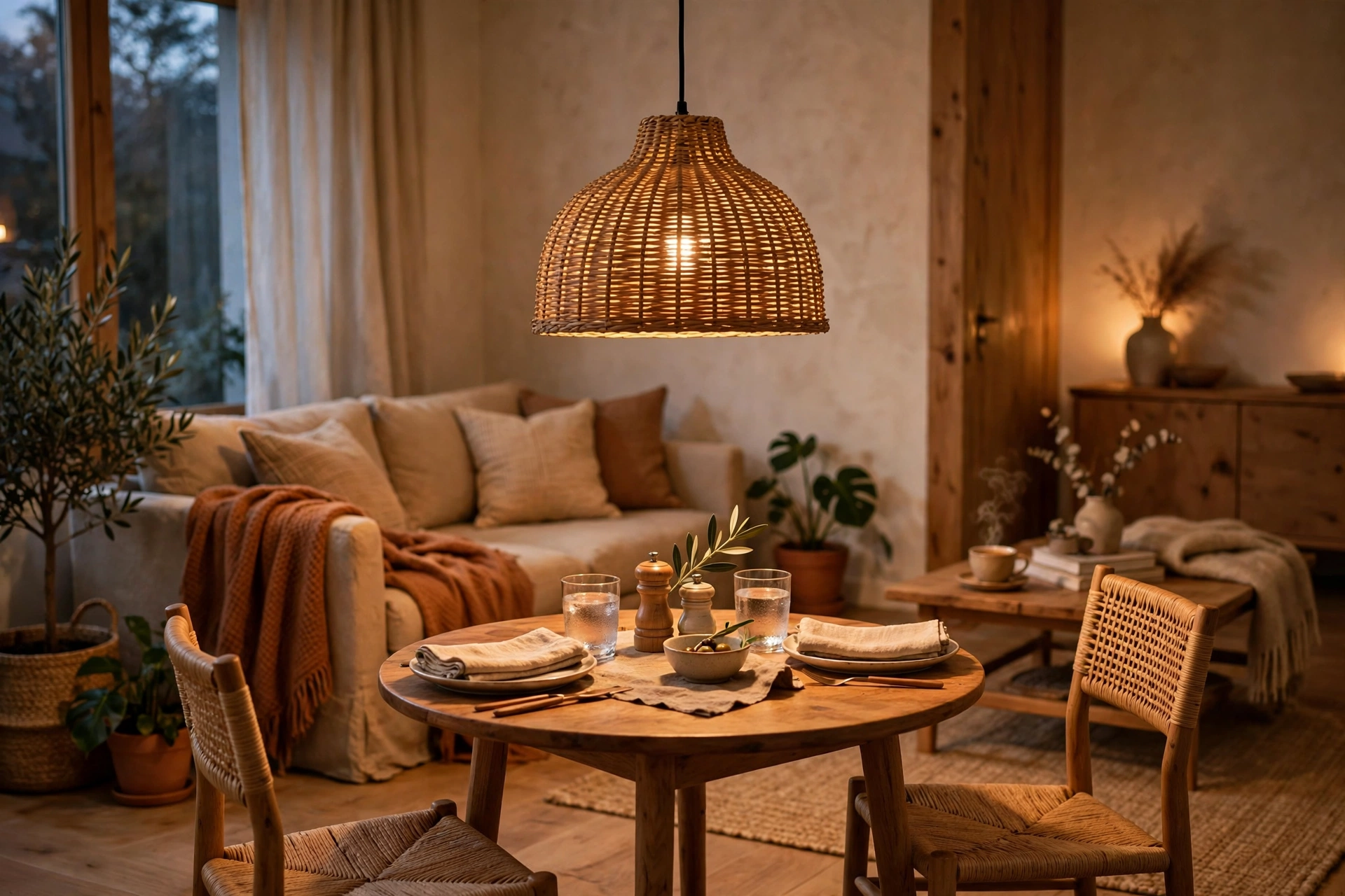 Woven pendant light hanging over a small dining table in a living dining combo.