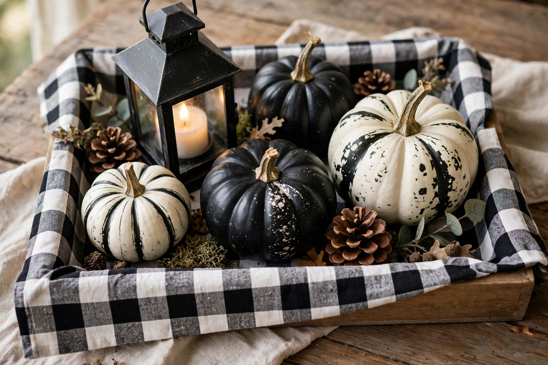 Tray lined with buffalo check fabric holding black and white pumpkins, a lantern, and pinecones.