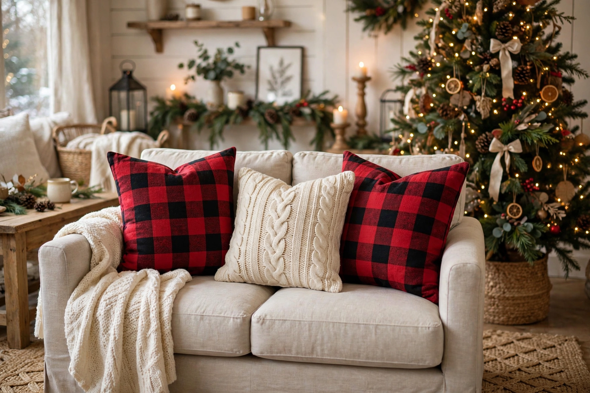 Farmhouse sofa styled with red buffalo check plaid throw pillows and a cable-knit cream pillow.