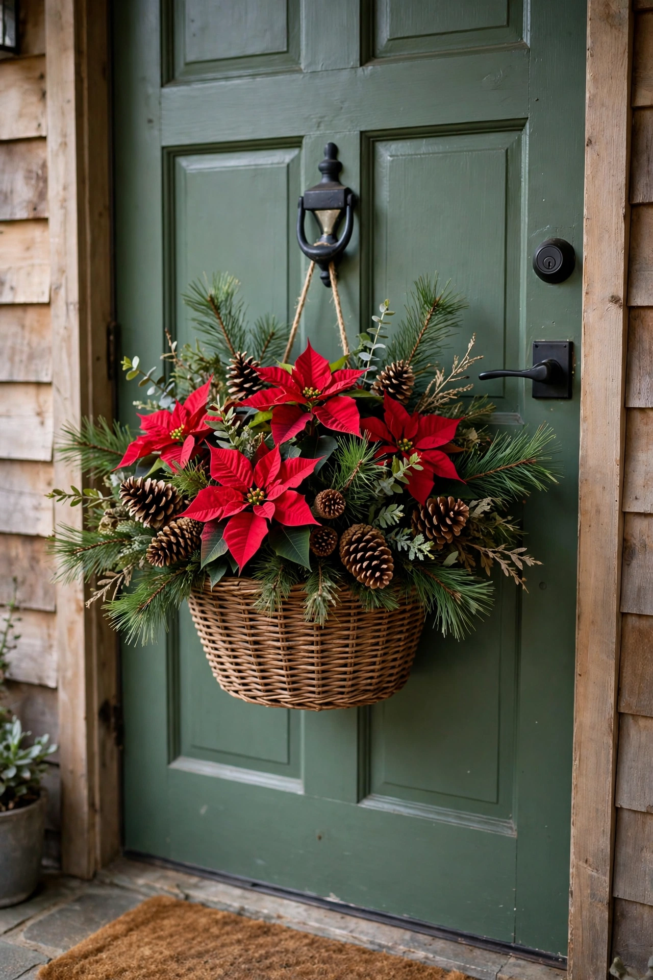Woven wicker door basket filled with red poinsettias, pine branches, and pinecones on a green apartment door.