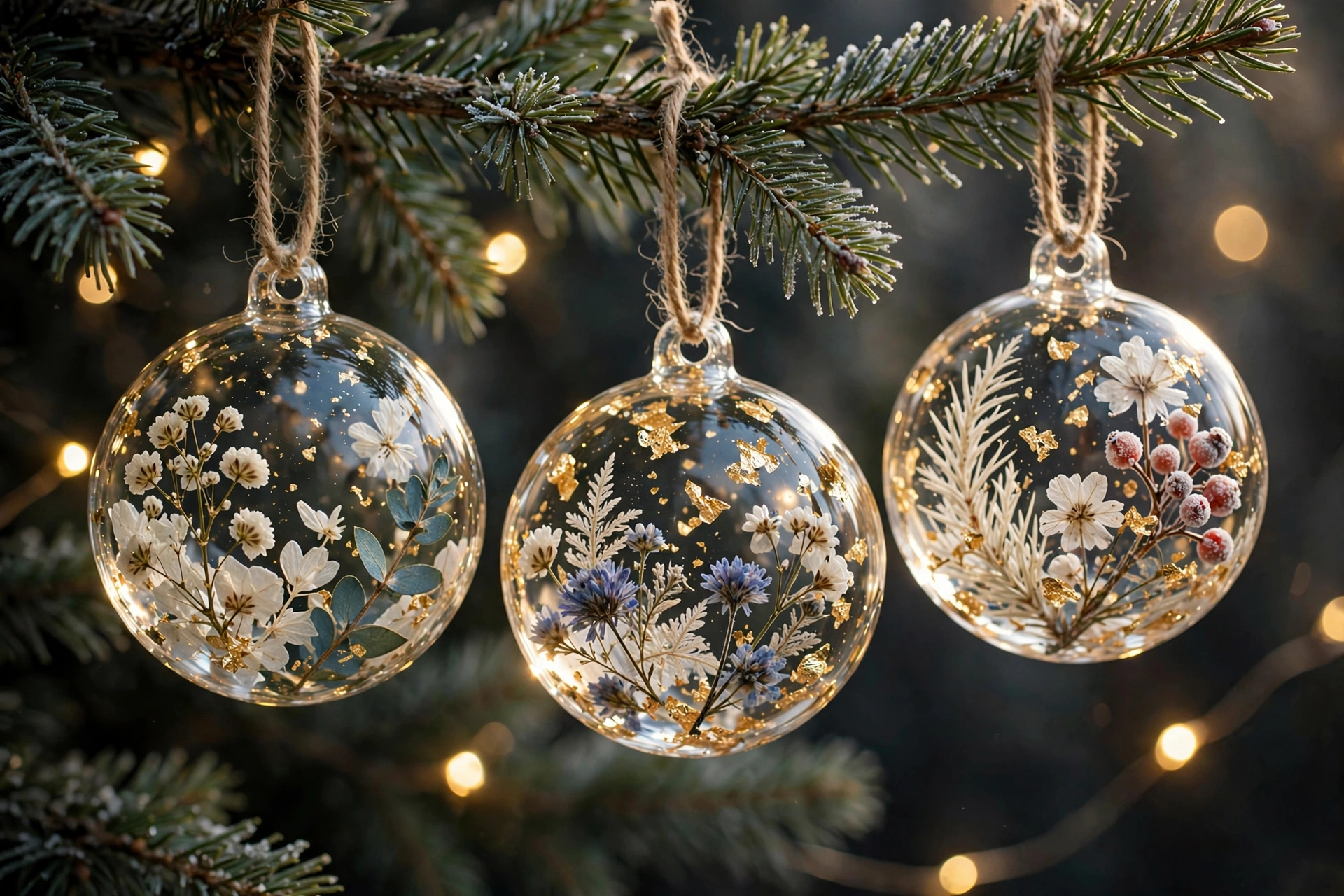 Clear resin ornaments with pressed flowers and gold leaf hanging on a Christmas tree branch.