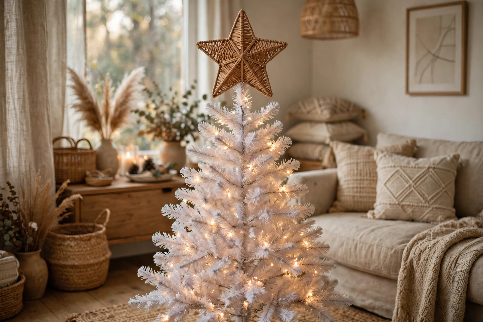 A woven rattan star tree topper on top of a white Christmas tree with warm lights.