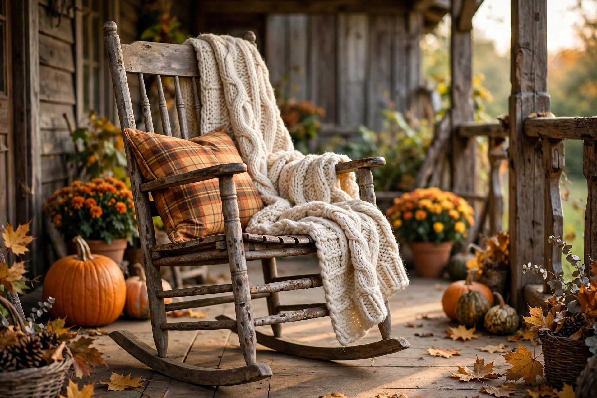 Wooden rocking chair with a chunky knit throw and plaid pillow on a porch.