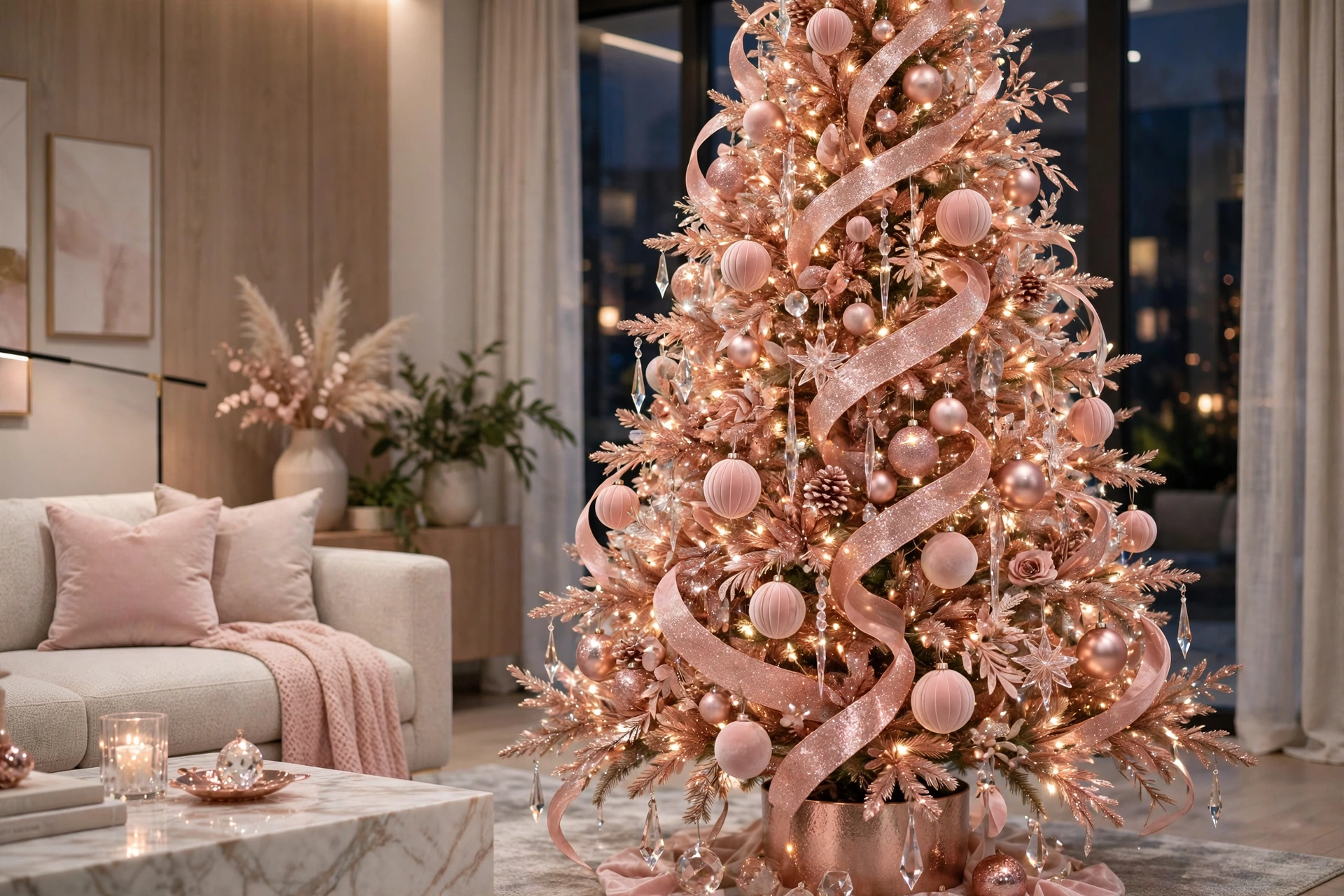 rose gold glam Christmas tree with blush pink ornaments and glitter ribbon