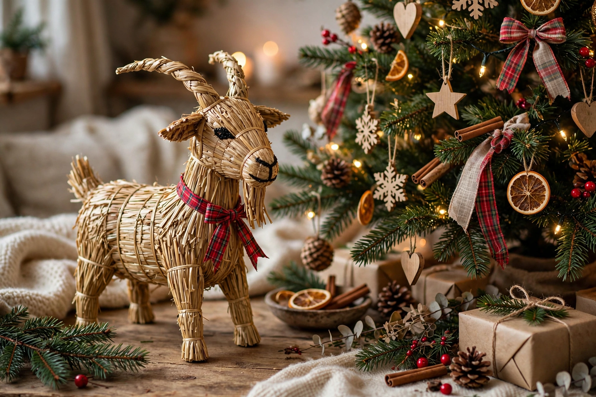 Traditional straw Christmas goat decoration beside a Christmas tree.