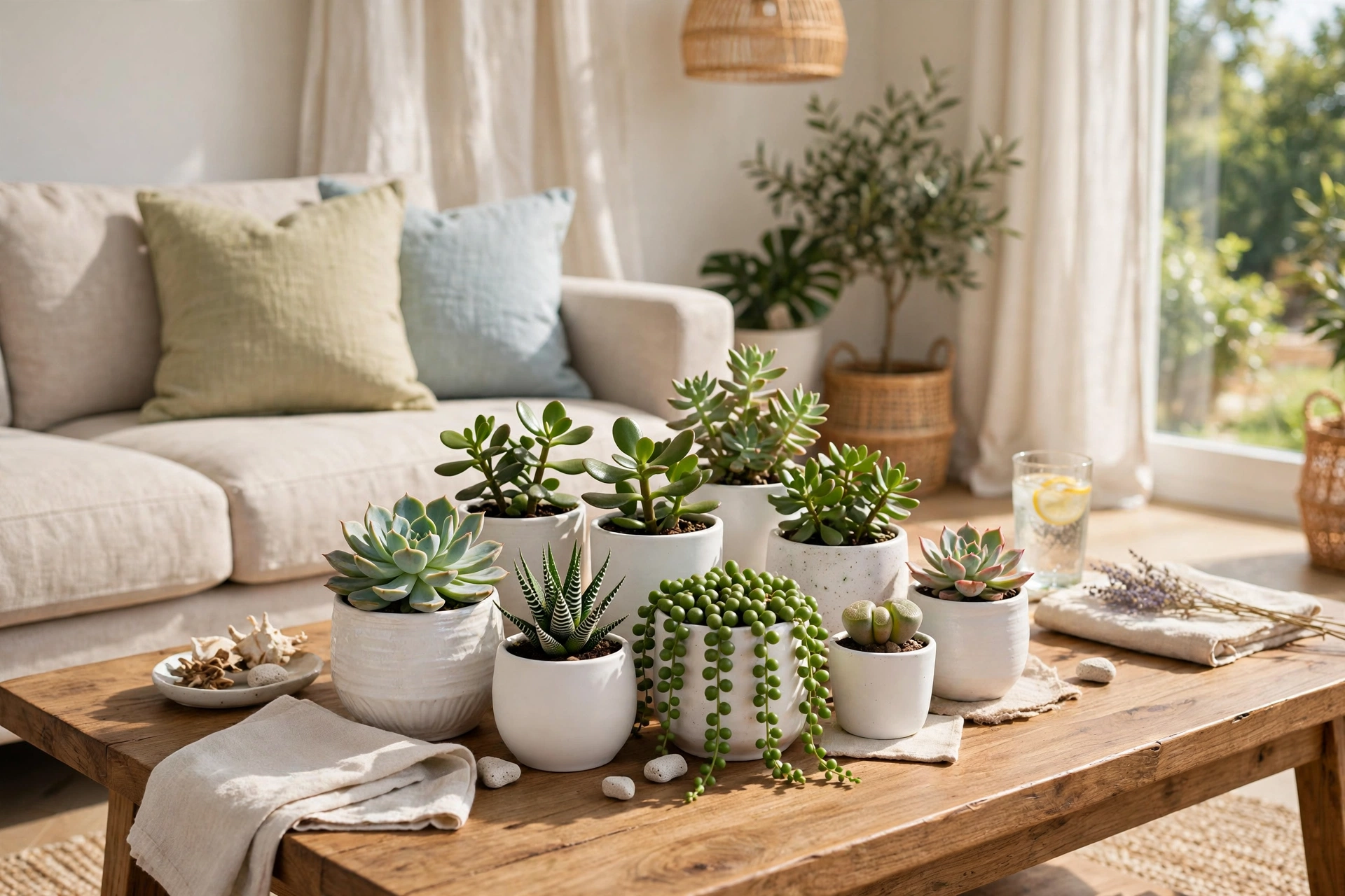 Cluster of small succulents in white ceramic pots grouped on a coffee table in a bright living room.
