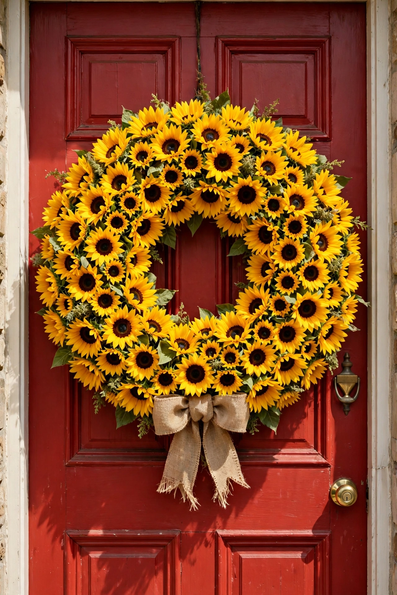 Bright yellow sunflower burst wreath with burlap bow on a red front door.