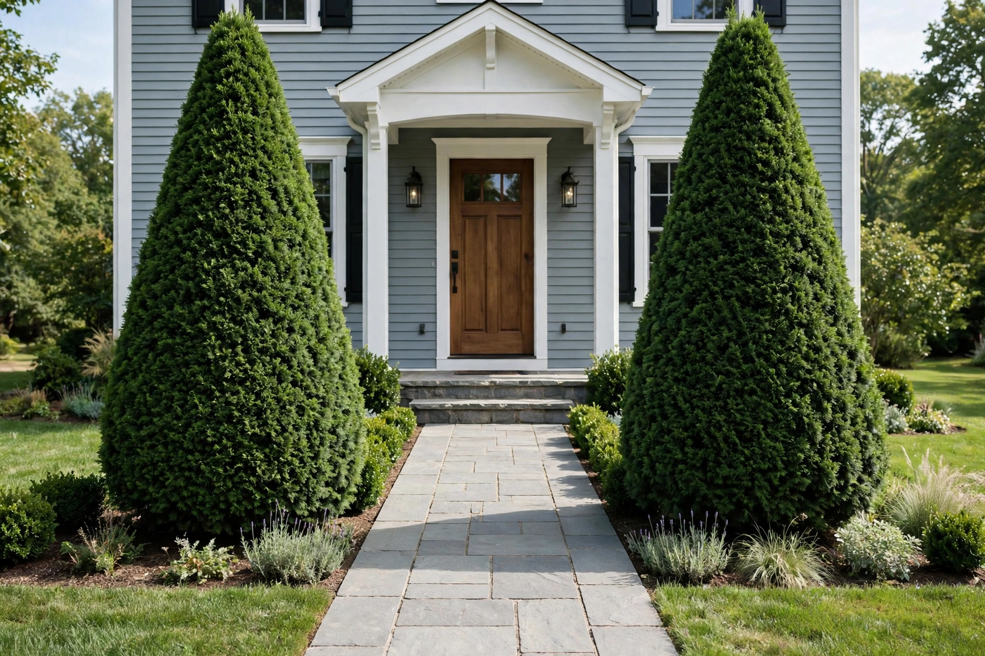 Symmetrical pair of cone-shaped evergreens flanking a front walkway.
