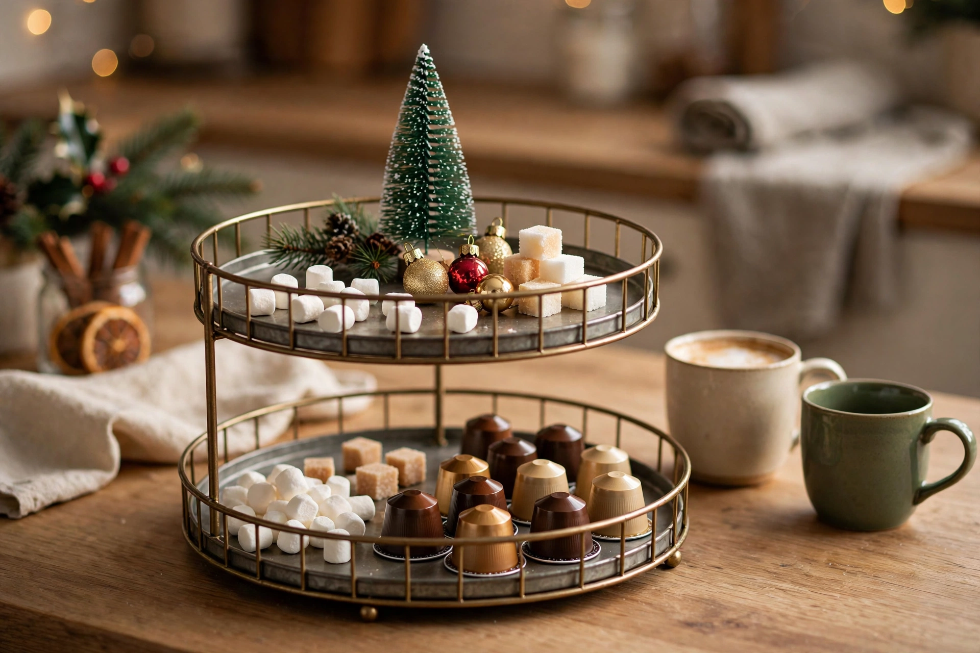 Tiered tray with coffee pods, sugar cubes and mini Christmas tree