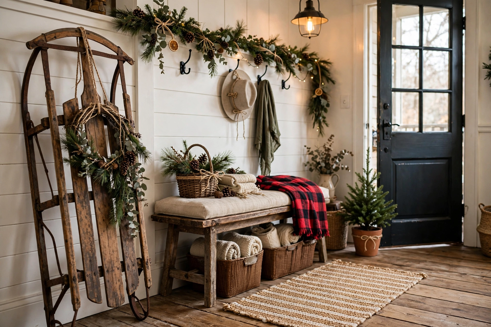 Vintage wooden sled leaning against an entryway wall with a wreath