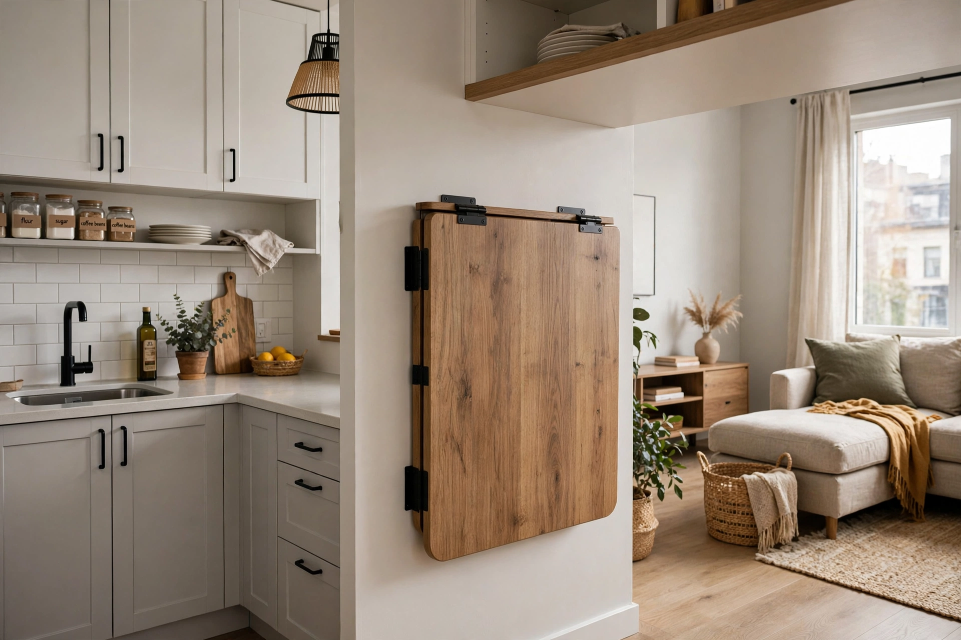 Folded-down wall-mounted drop-leaf dining table in a compact open plan kitchen.
