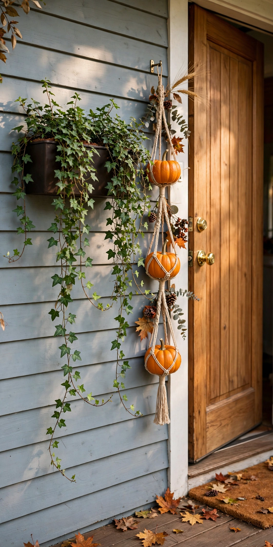 Wall-mounted planter with ivy and mini pumpkins beside a front door.