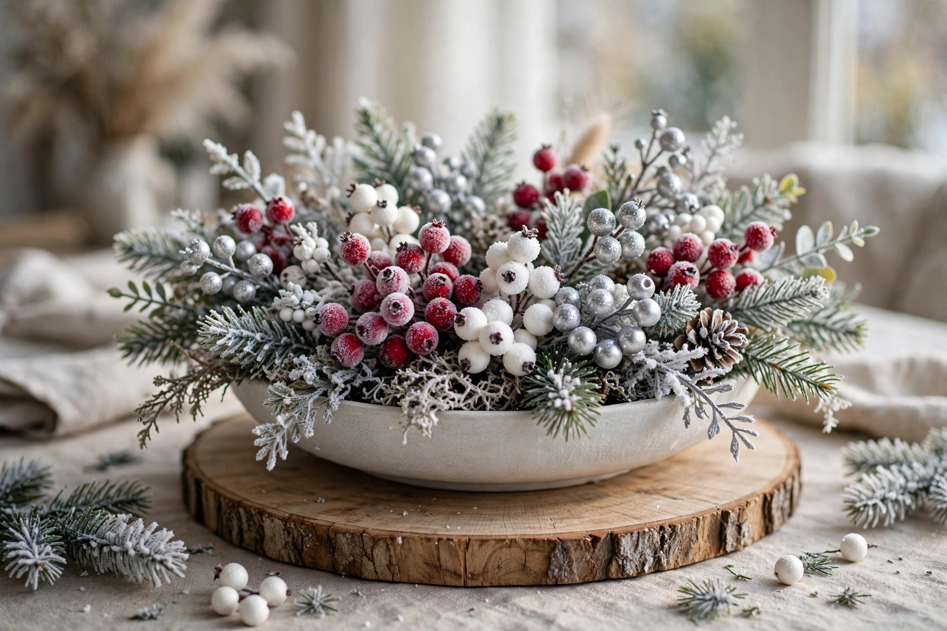 Winter berry bowl centerpiece with white and silver berries