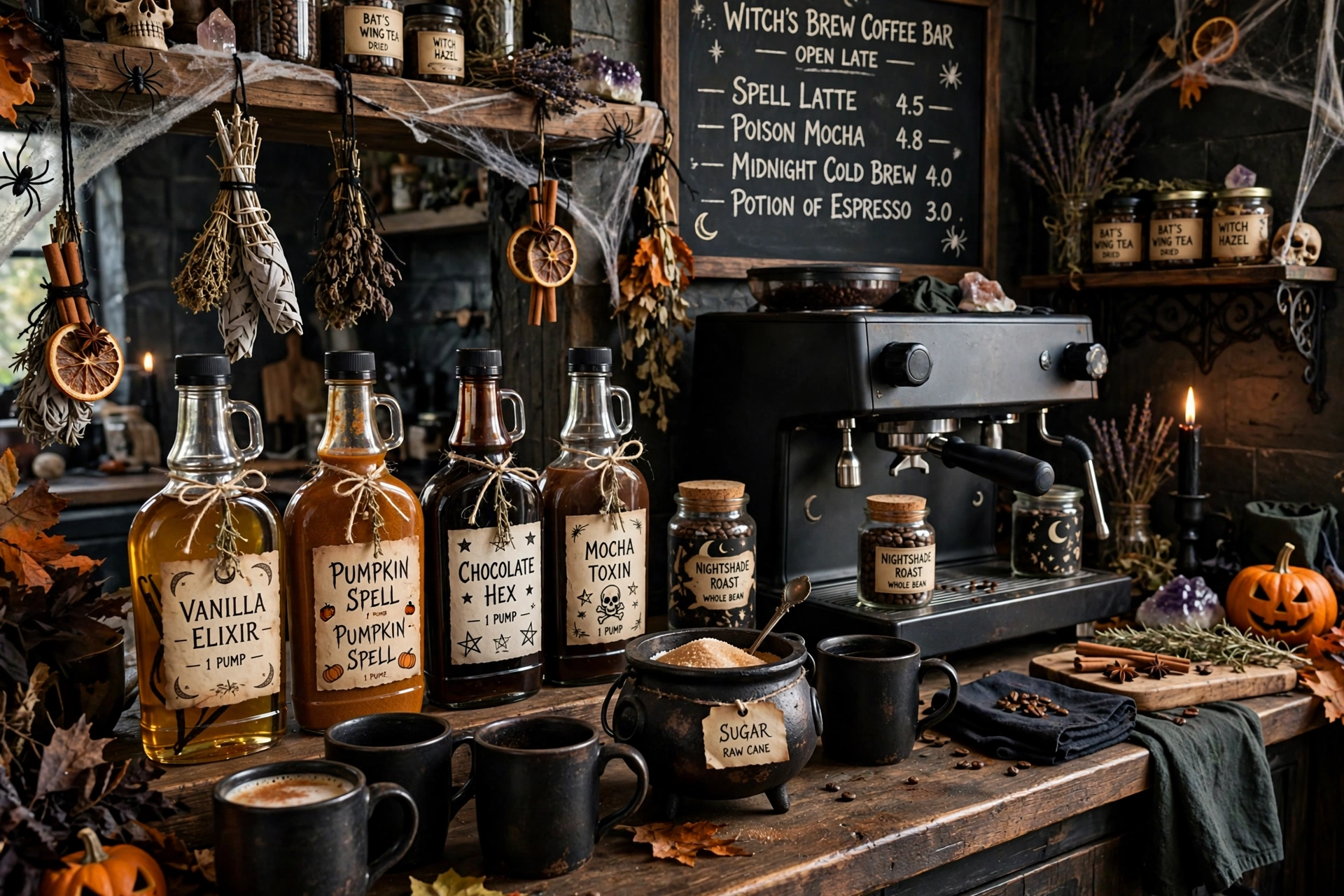 Coffee bar styled as witch's brew station with black mugs, labeled syrups and cauldron sugar bowl.
