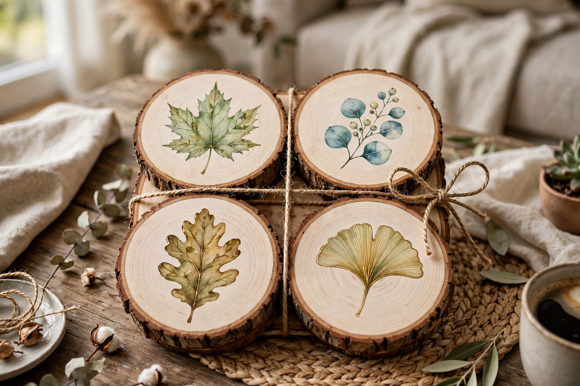 Set of four wood slice coasters with painted leaf motifs tied with twine on a coffee table.