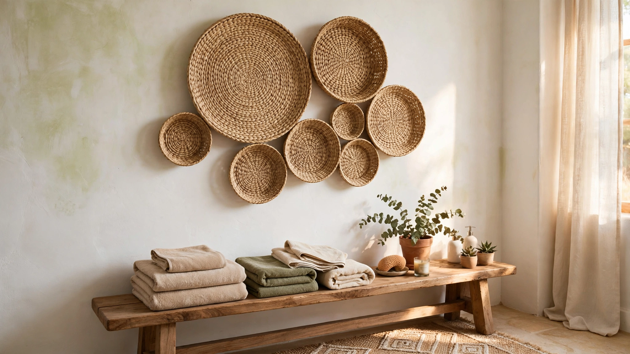 Cluster of round woven seagrass baskets arranged on a white bathroom wall as art