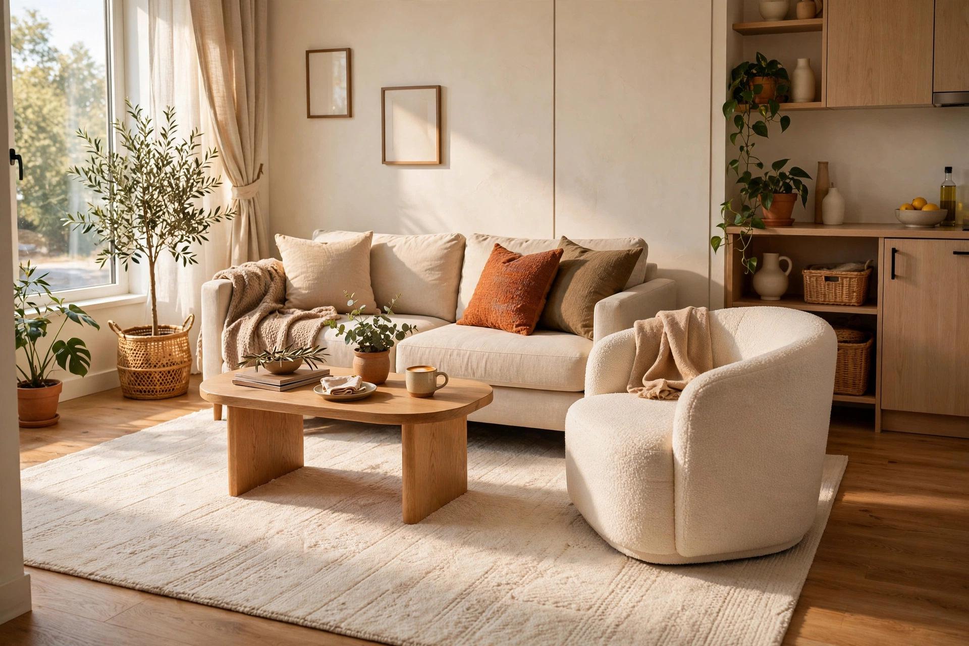 A cozy seating area in a studio apartment defined by a large cream area rug under a sofa and armchair