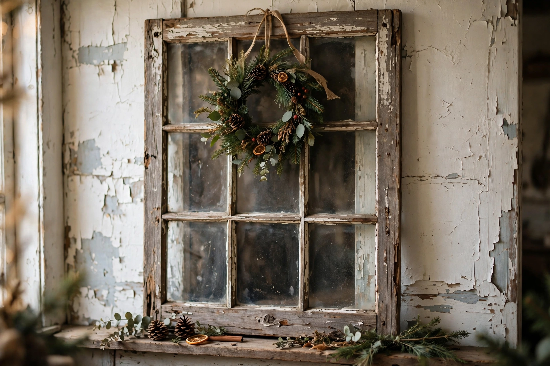 Weathered barnwood window frame on a farmhouse wall decorated with a small evergreen wreath.