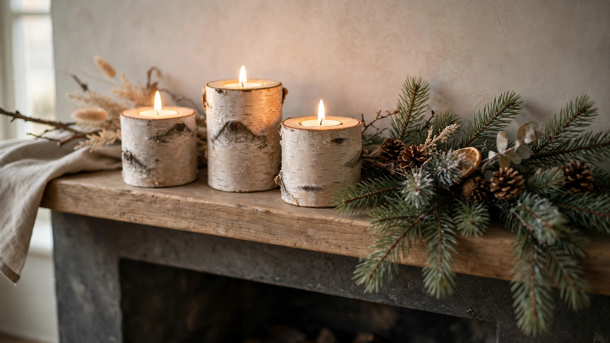 Birch log candle holders with tea lights on a mantel beside pine branches.