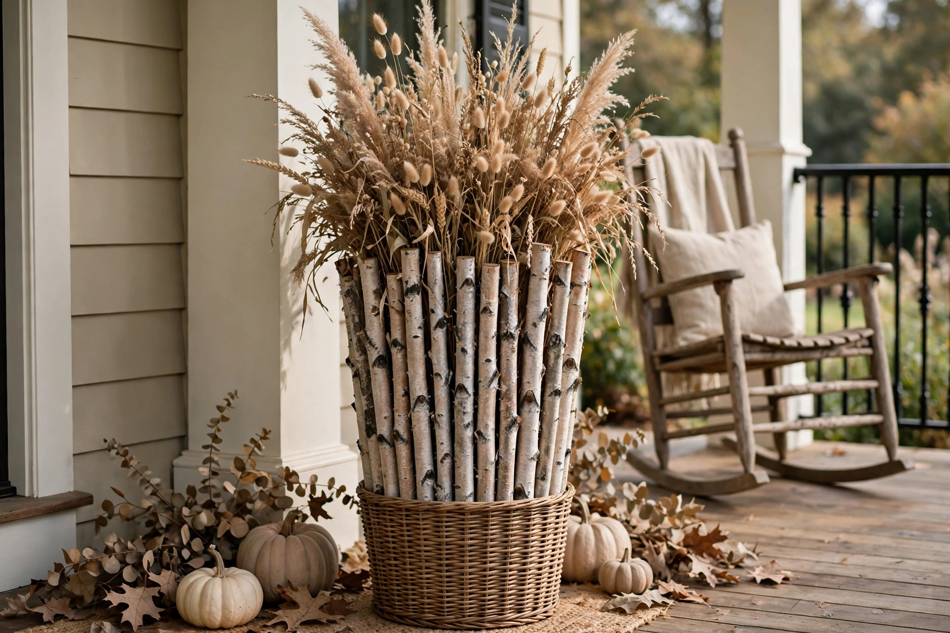 Tall planter filled with slim birch logs topped with dried grasses on a porch.