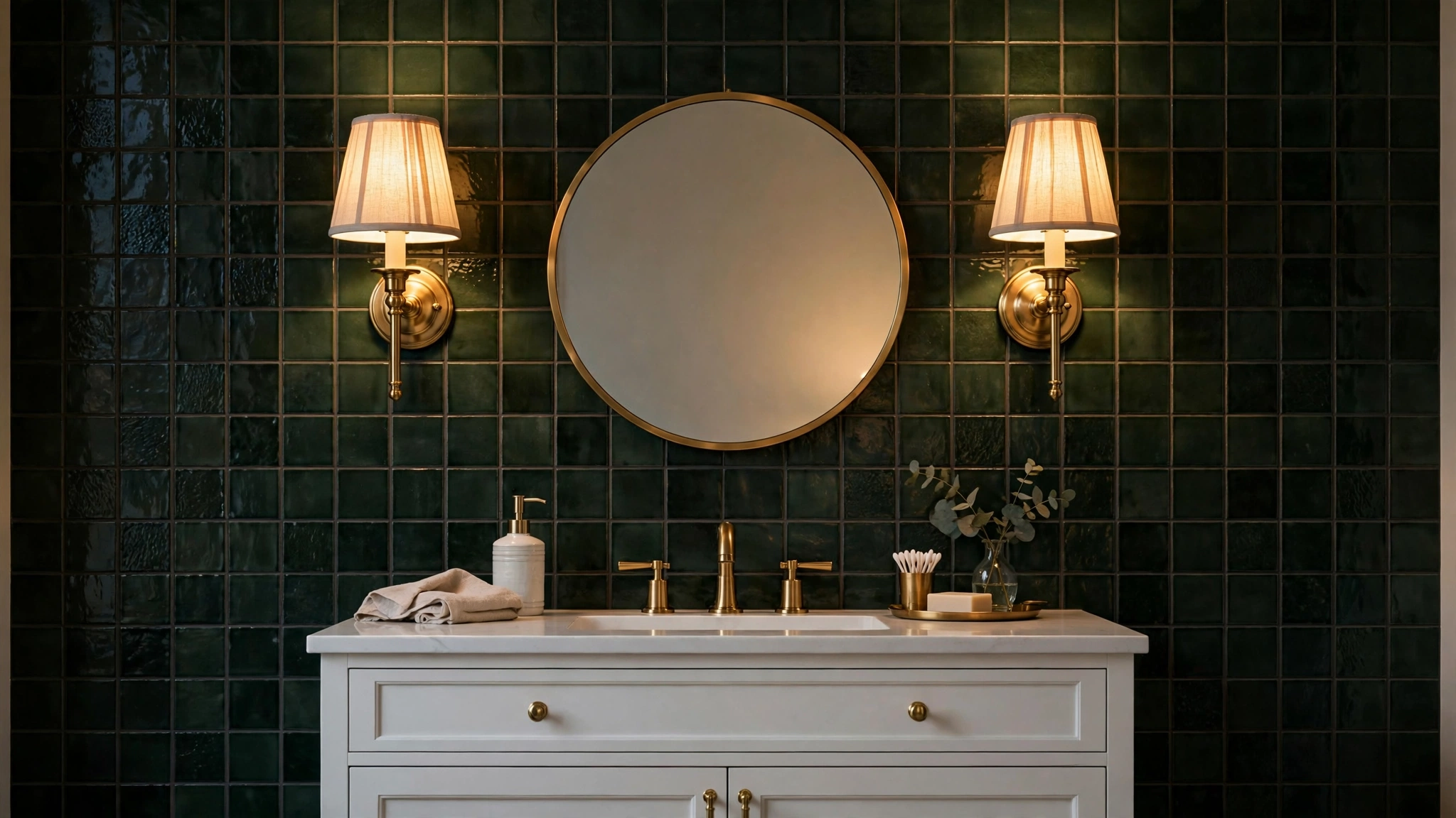 Pair of brass wall sconces with warm glowing shades flanking a bathroom vanity mirror