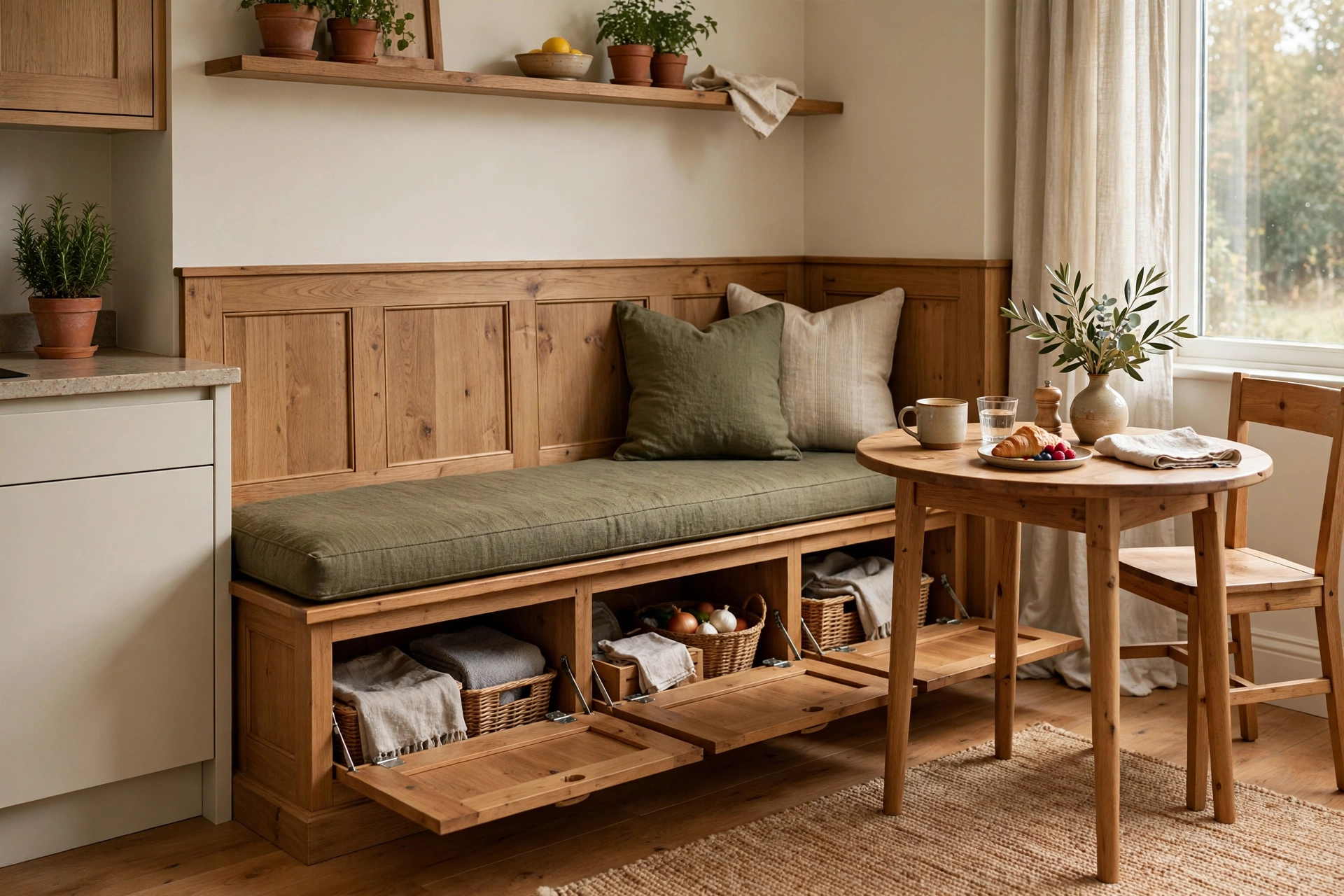 Built-in wooden bench with storage under the seat beside a small dining table.