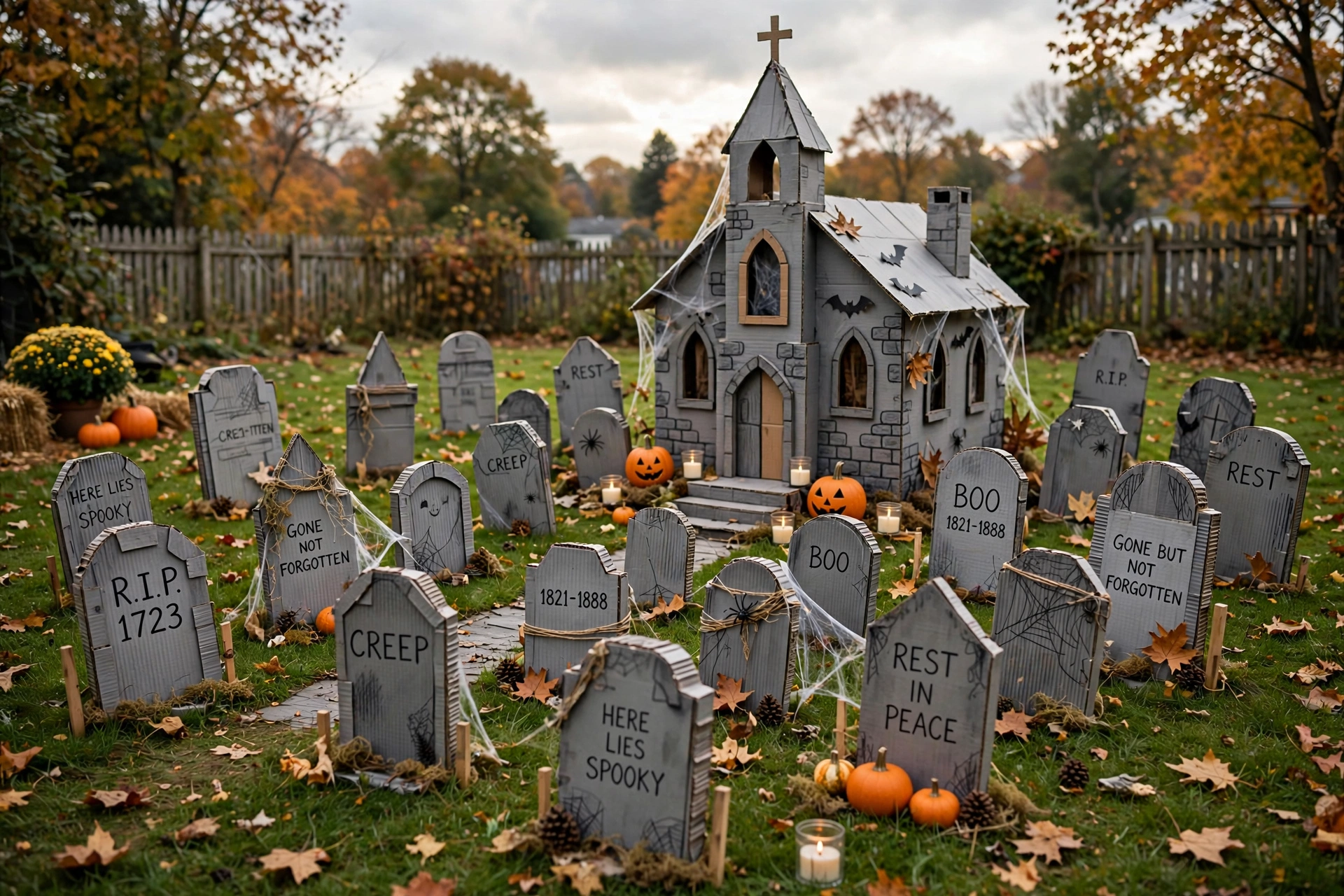 Village of gray cardboard tombstones and a chapel arranged on a lawn as a graveyard scene.