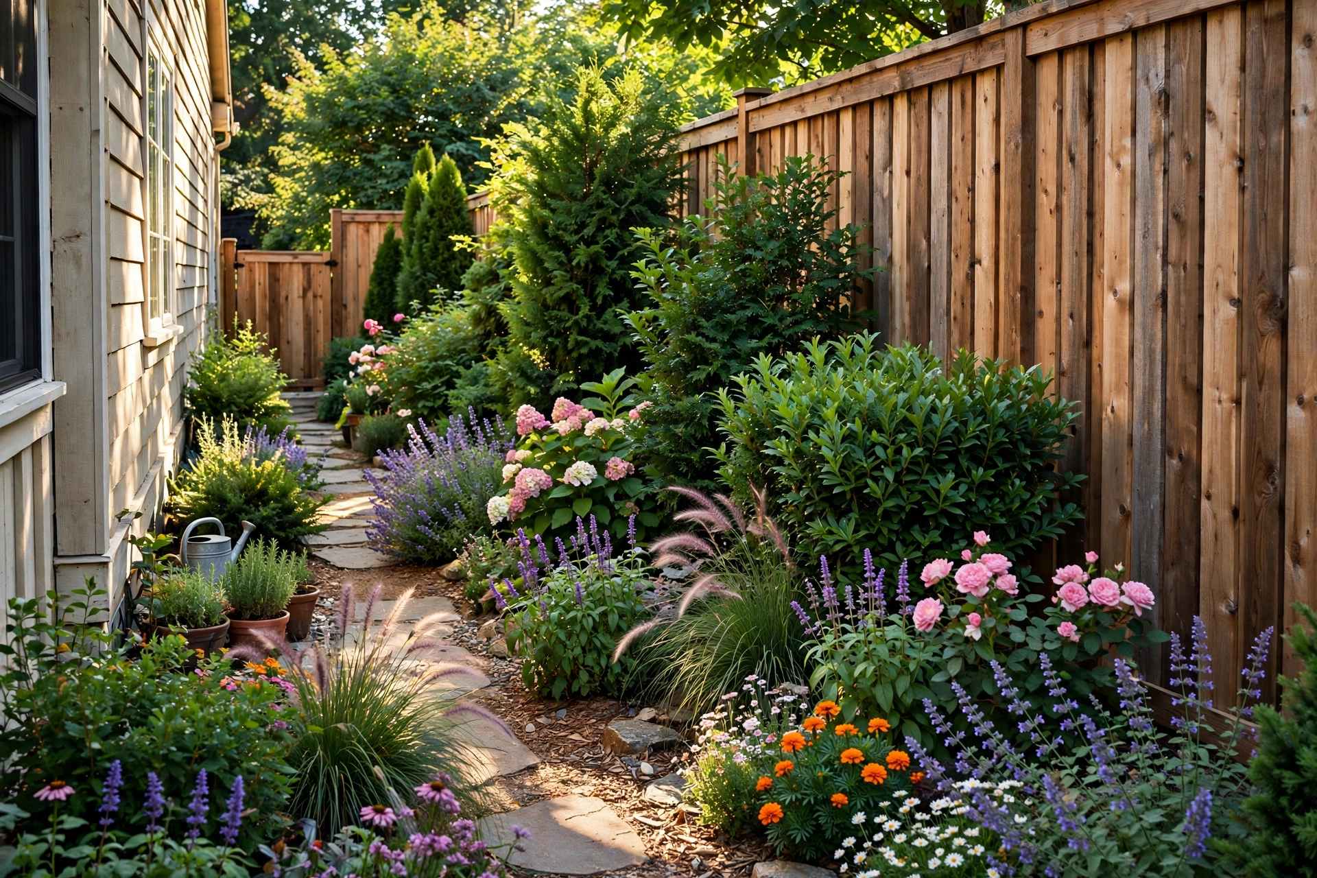 Tall cedar privacy fence with layered shrub and flower plantings in front, narrow side yard garden, afternoon light.