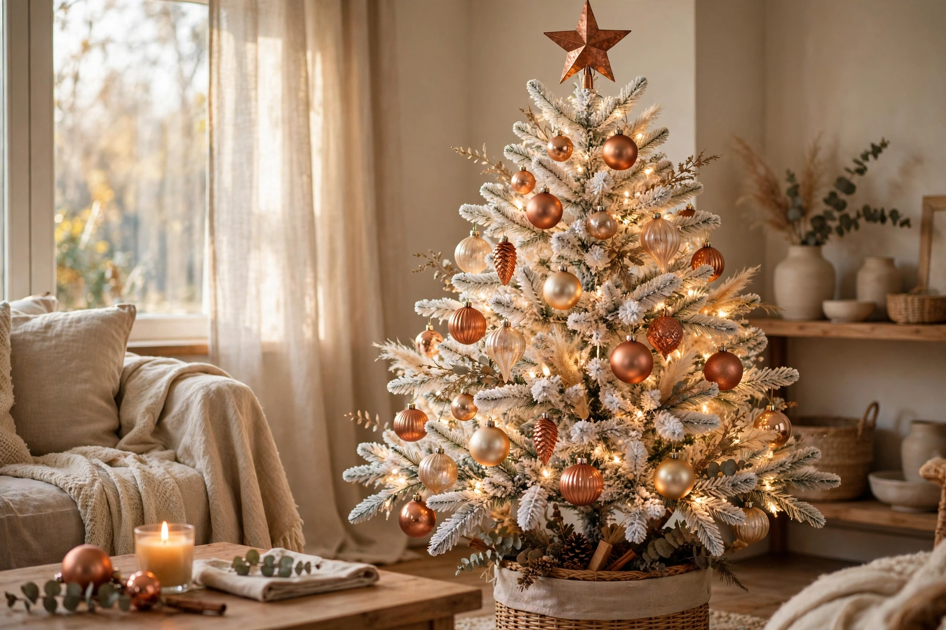Champagne and copper glow — white Christmas tree idea