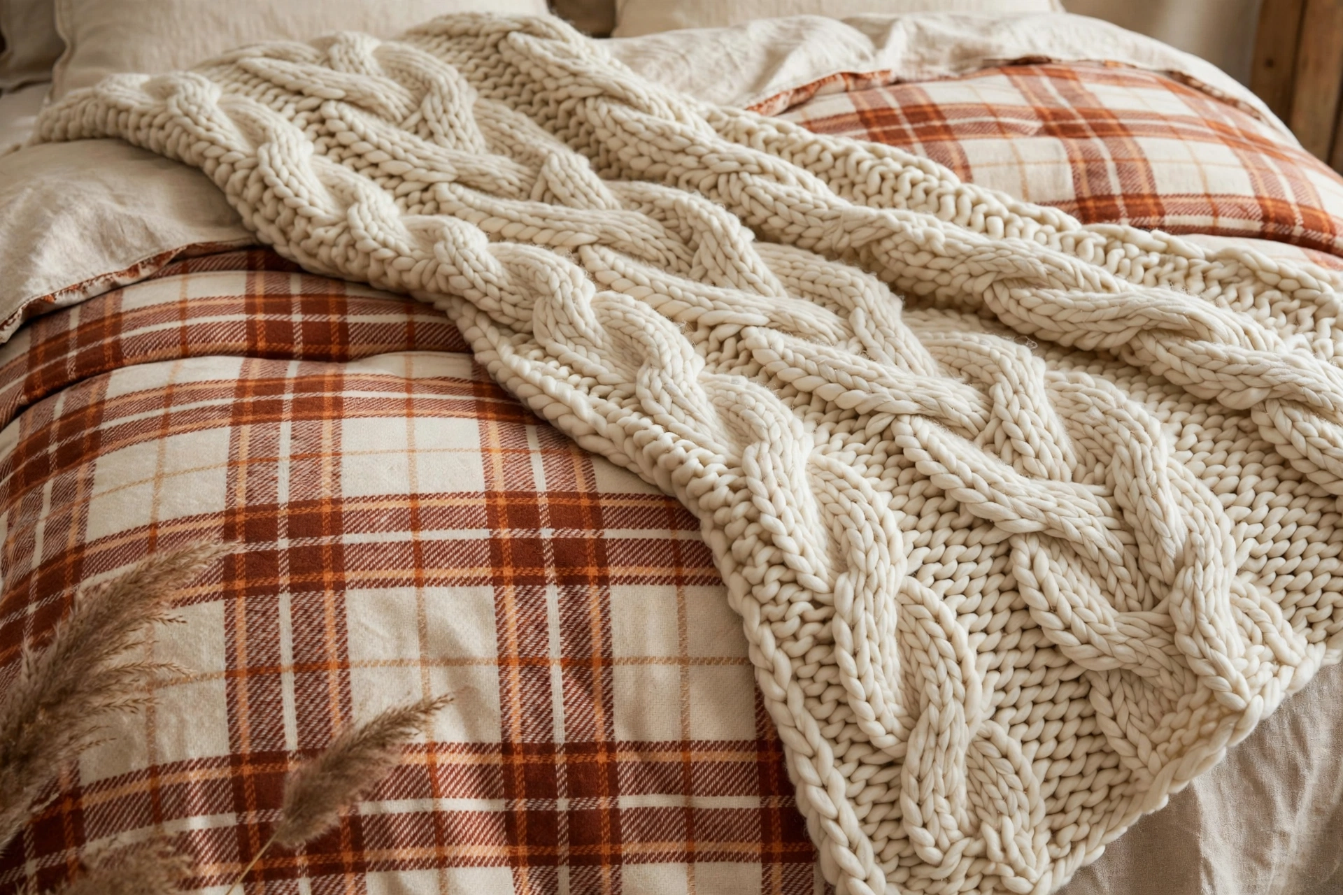 Chunky knit blanket draped over a tartan plaid duvet in cream and rust tones.