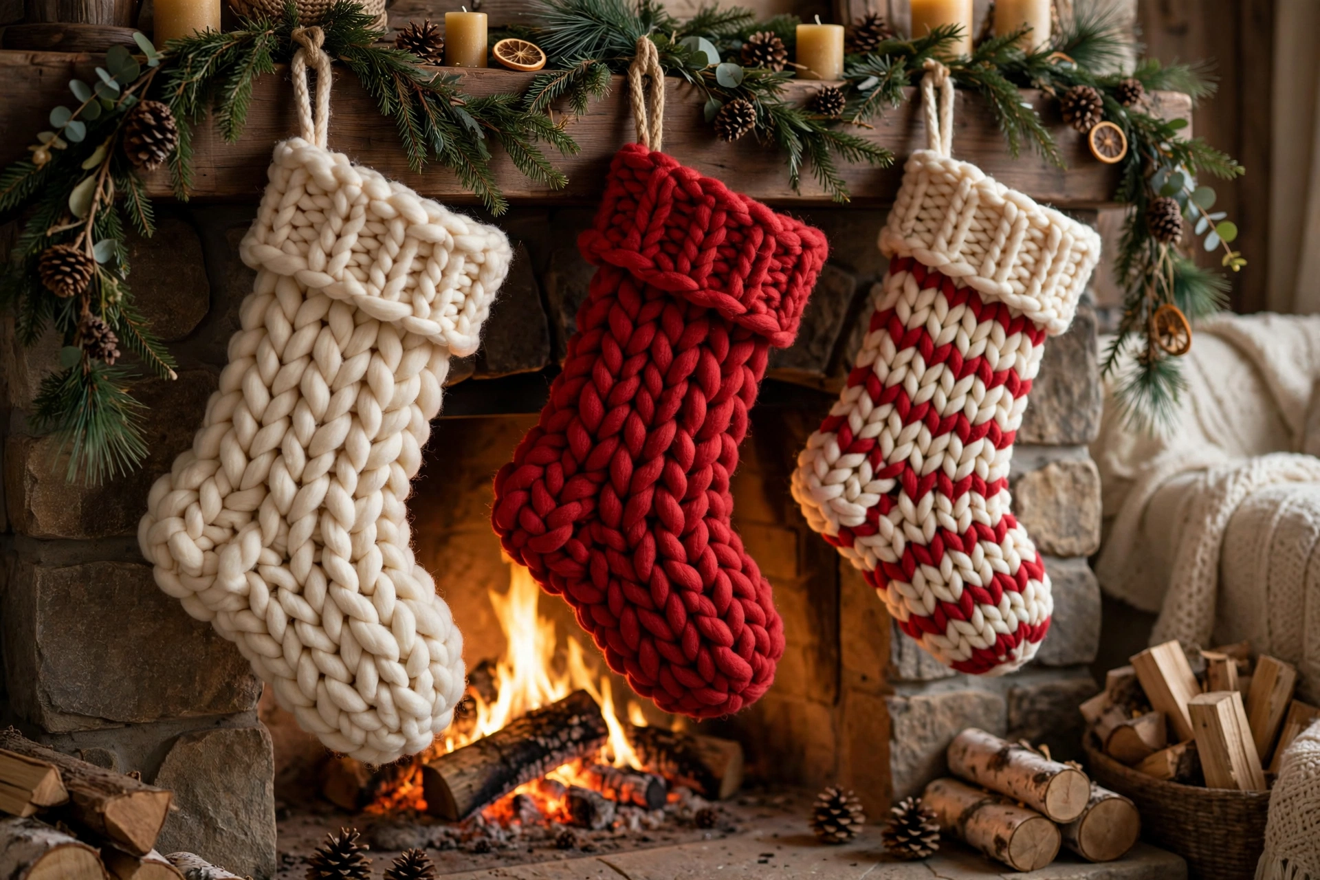 Chunky knit Christmas stockings in cream and red yarn hanging by a fireplace.