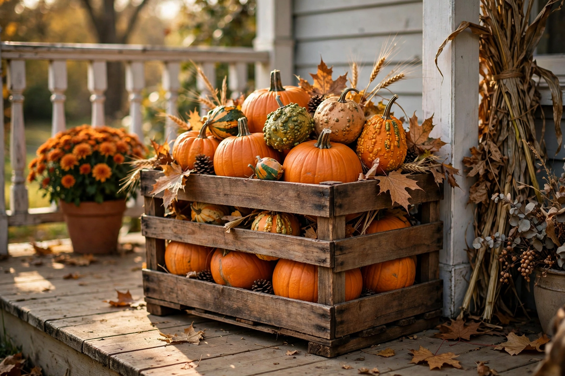 Wooden crate with pumpkins and gourds arranged inside and on top.