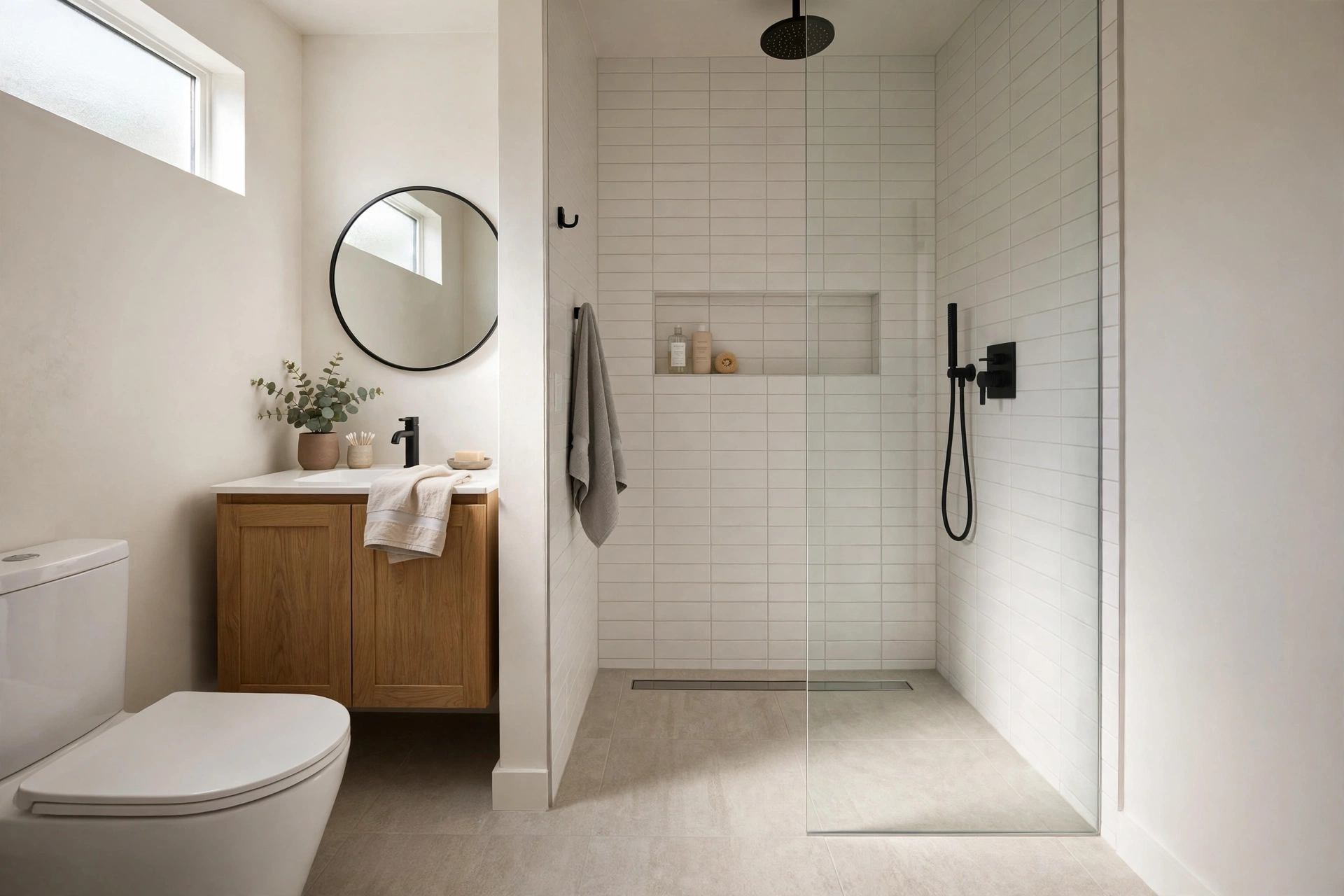 Curbless shower entry — small bathroom idea