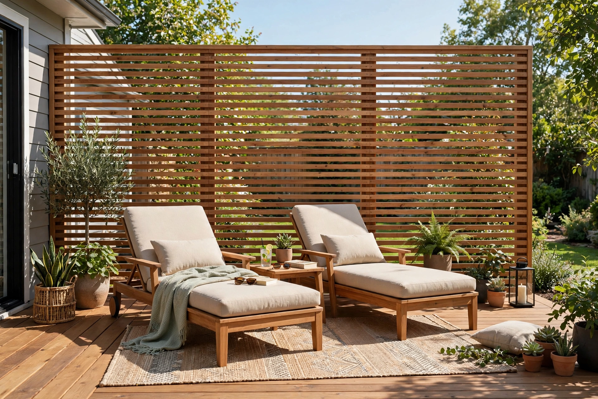 A backyard deck with a horizontal slatted wood privacy screen, lounge chairs, and potted greenery