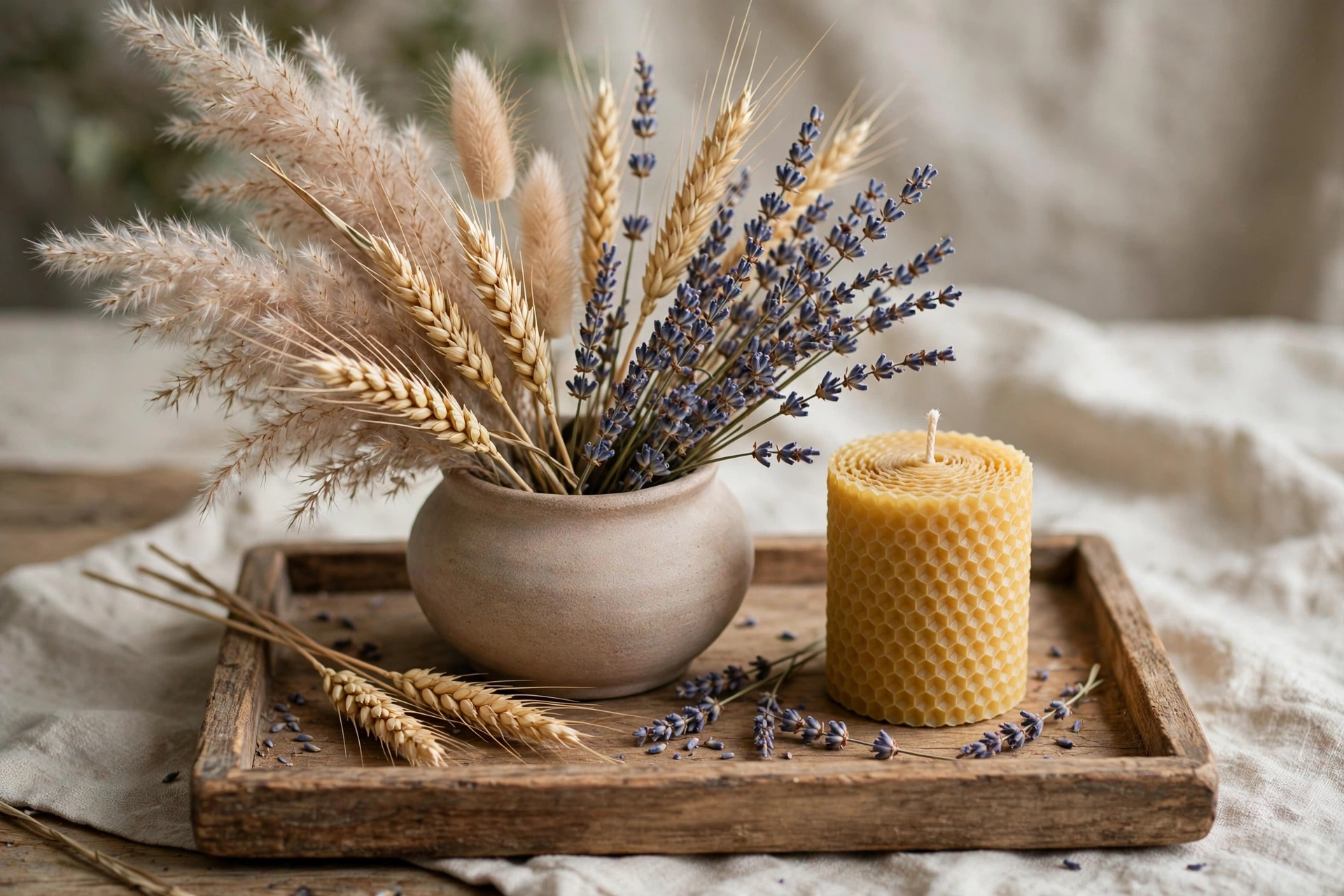 Tray with dried lavender, wheat, and pampas grass in a low vase beside a beeswax candle.