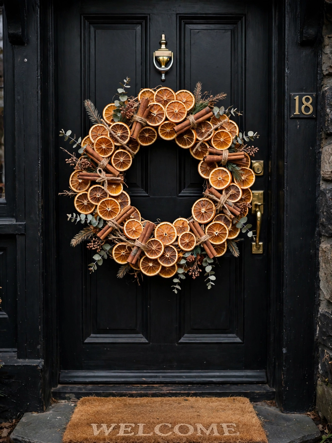 Wreath of dried orange slices with cinnamon sticks on a black front door.