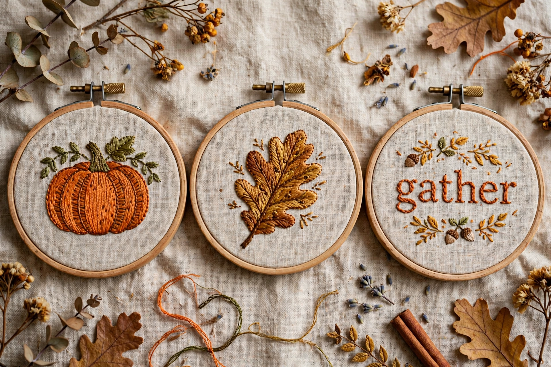 Three embroidery hoops with stitched autumn motifs, a pumpkin, an oak leaf and the word gather.