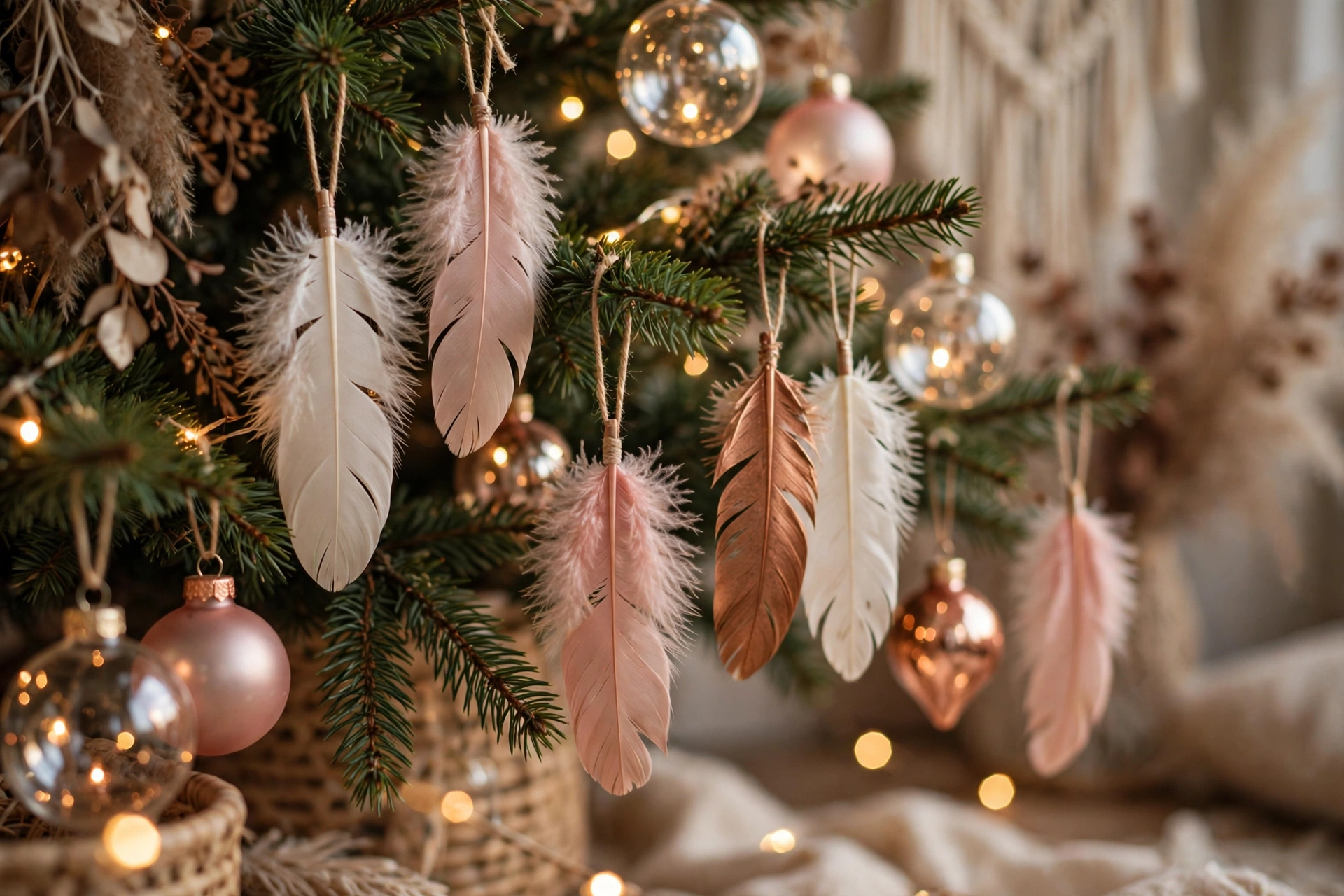 Elegant cream and blush feather ornaments hanging on a Christmas tree