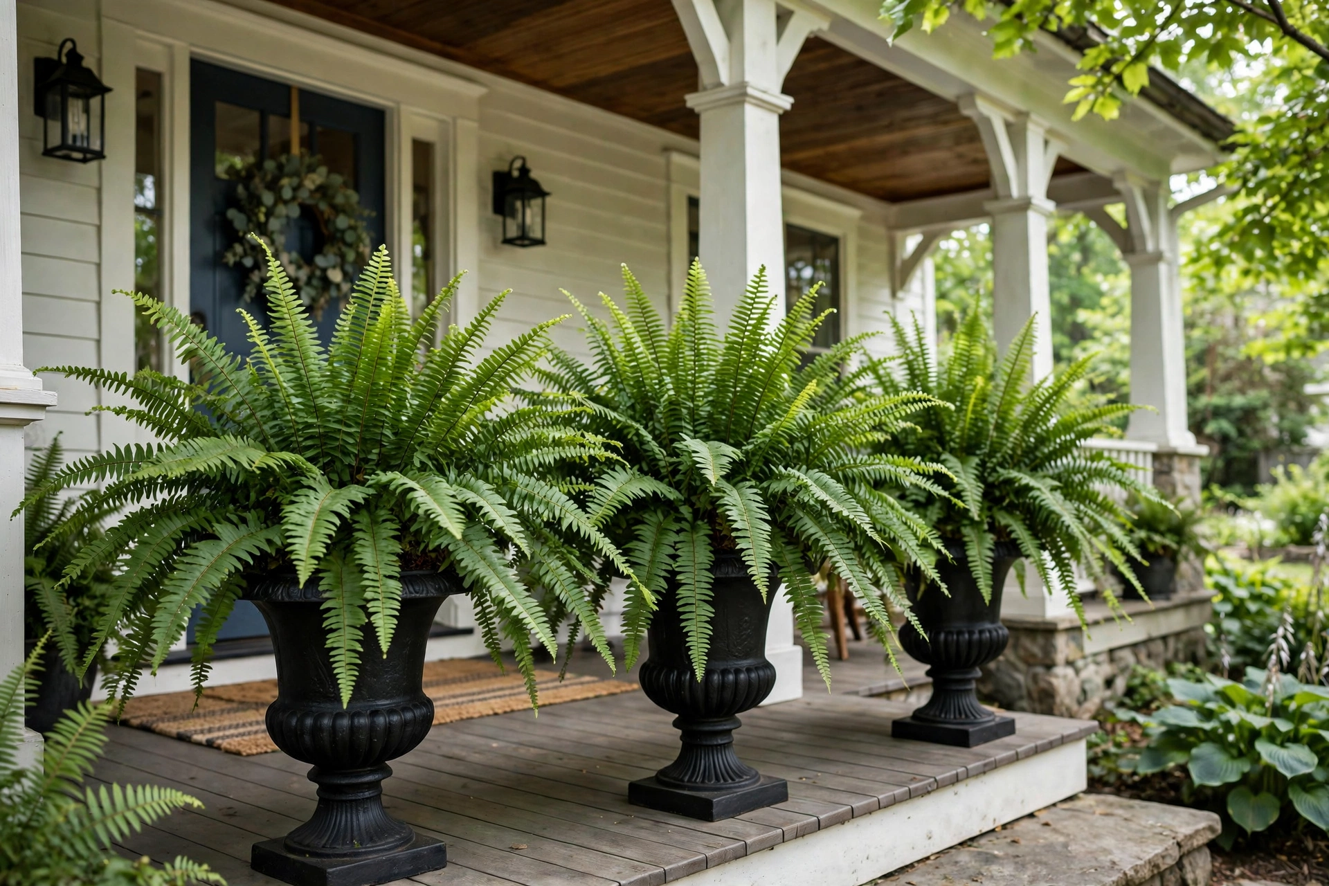 Black urn planters filled with lush Boston ferns on a shaded front porch.